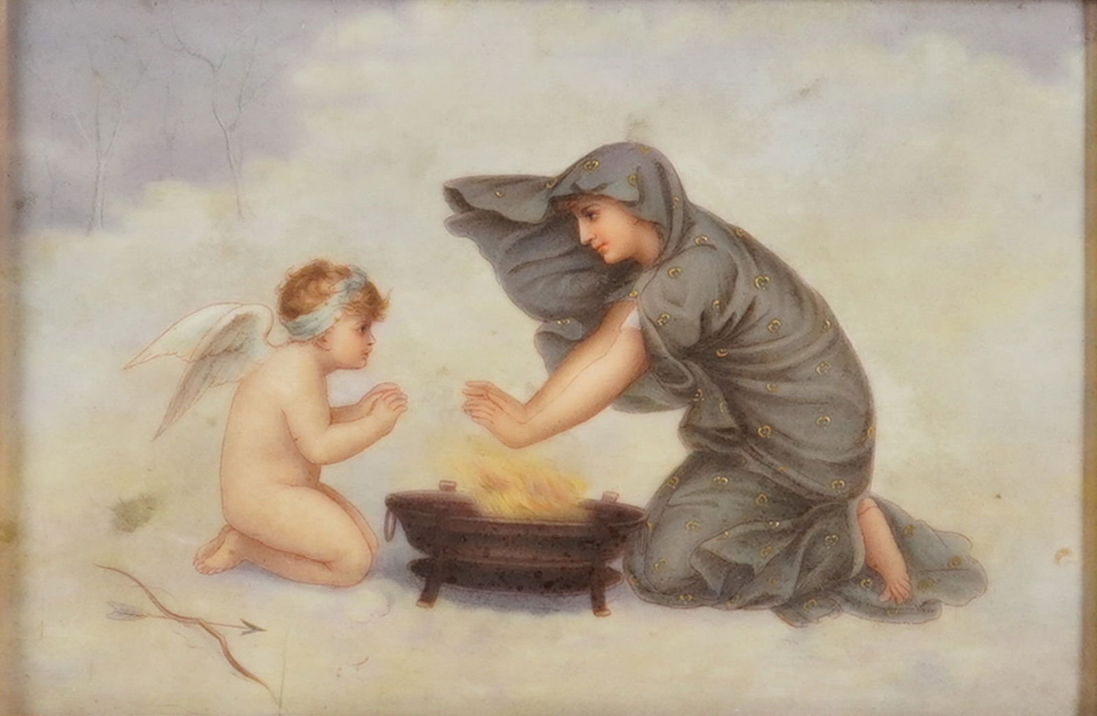 After Jean-Ernest Aubert (France 1824-1906) Hand-Painted Porcelain Plaque: This hand-painted porcelain plaque titled L'Hiver (Winter), also known as Young Woman with Cupid, is made after the original painting by Jean-Ernest Aubert (France, 1824-1906.) The neoclassical scene