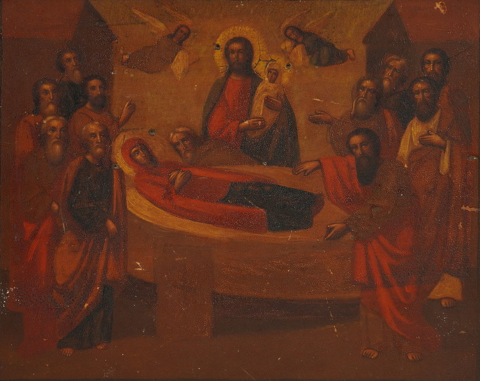 Russian Orthodox Icon Tempera & Gilt on Wood, Dormition of the Virgin: This Russian Orthodox icon of the Dormition of the Virgin is painted on a wooden panel using tempera and gilt on wood. The central composition depicts the Virgin Mary lying on a bier, surrounded by a