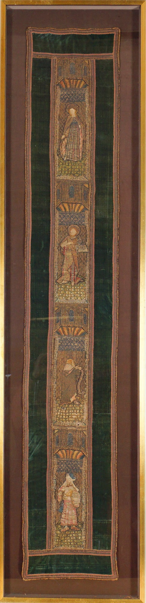 Italian Embroidered Ecclesiastica Orphrey Cloth w/ Four Saints: An extraordinary framed church altar orphrey cloth, exquisitely hand-embroidered with metallic threads on deep green silk velvet. This remarkable vertical panel features four saintly figures rendered