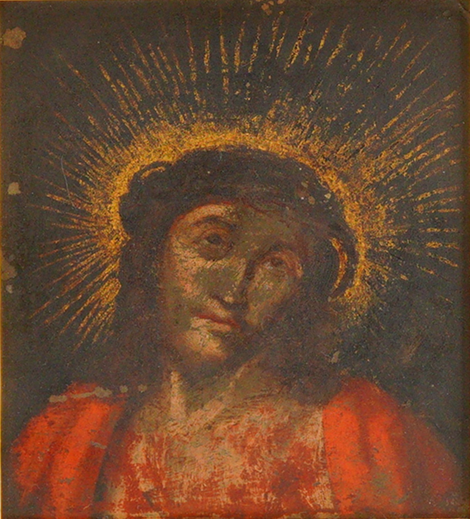 17th Century Flemish Oil Painting on Metal Plate of Jesus Christ: This 17th-century Flemish oil painting on a metal plate depicts a bust-length portrait of Jesus Christ as the Ecce Homo. The figure is rendered with a radiant golden halo and a crown of thorns,