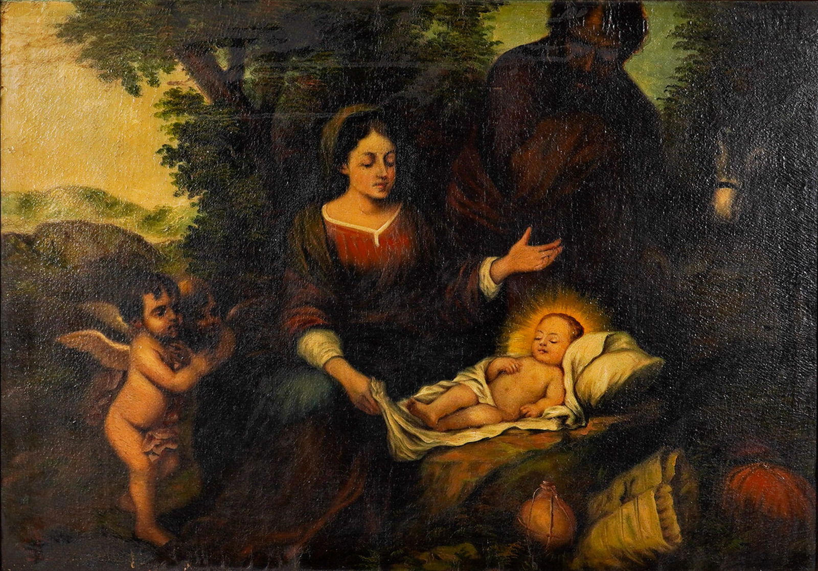 After Bartolome Esteban Murillo (Spanish 1617-1681), Oil Painting, Signed: This oil on canvas artwork depicting the Rest on the Flight into Egypt is a painting made after Baroque artist Bartolome Esteban Murillo's original. It illustrates the Holy Family escape from King