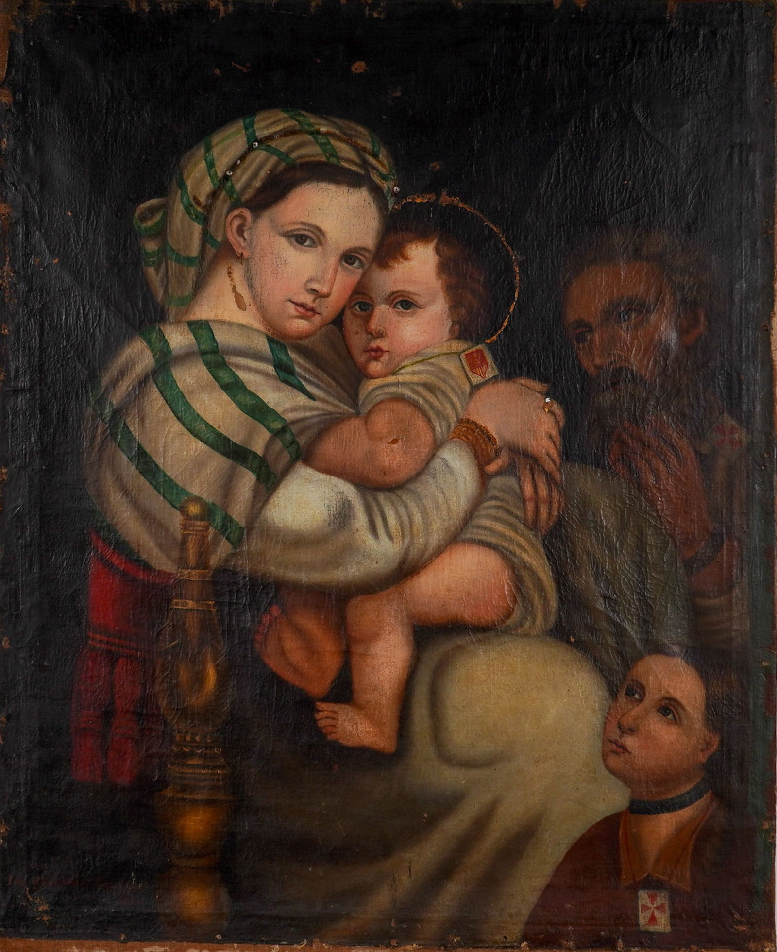 After Raphael (Italian1483-1520) Oil on Canvas, Madonna della Seggiola: This oil on canvas is based on Raphael's Renaissance tondo painting, The Madonna della Seggiola (or della Sedia.) This version depicts the Madonna wearing a green and white striped head covering with