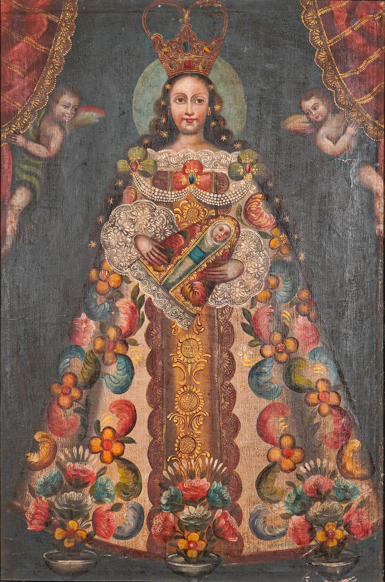 Cusco School Style Oil on Canvas Painting Our Lady of Pomata: This framed devotional oil on canvas depicts Our Lady of Pomata executed in the style of the Cusco School. The central crowned figure of the Virgin Mary is shown holding a swaddled Christ child. She