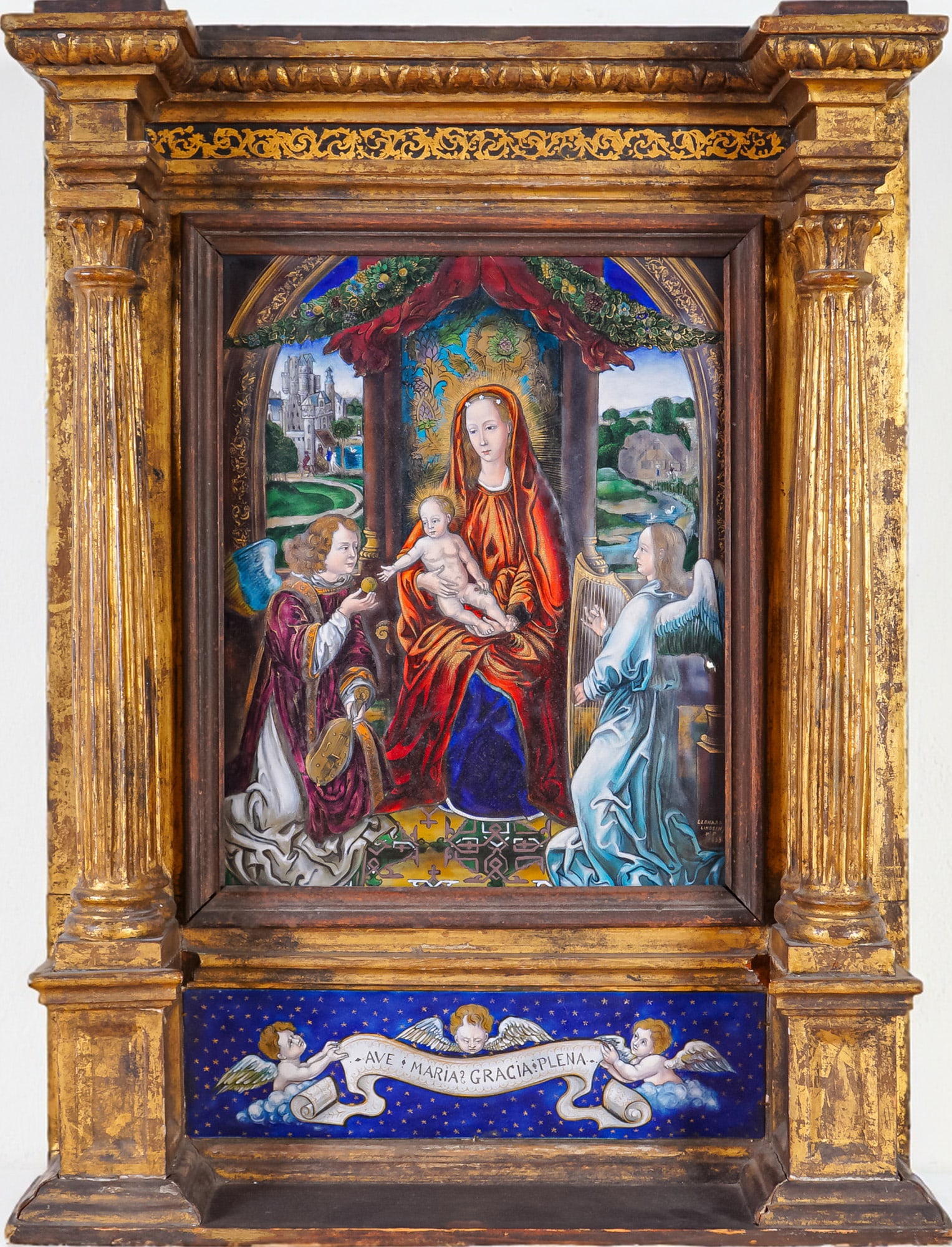 French Limoges Style Enamel on Copper Plaque, Madonna & Child: Depicting the Madonna and Child in the manner of Leonard Limosin. The finely detailed scene portrays the Virgin Mary draped in a radiant red robe, cradling the infant Christ surrounded by two angels,