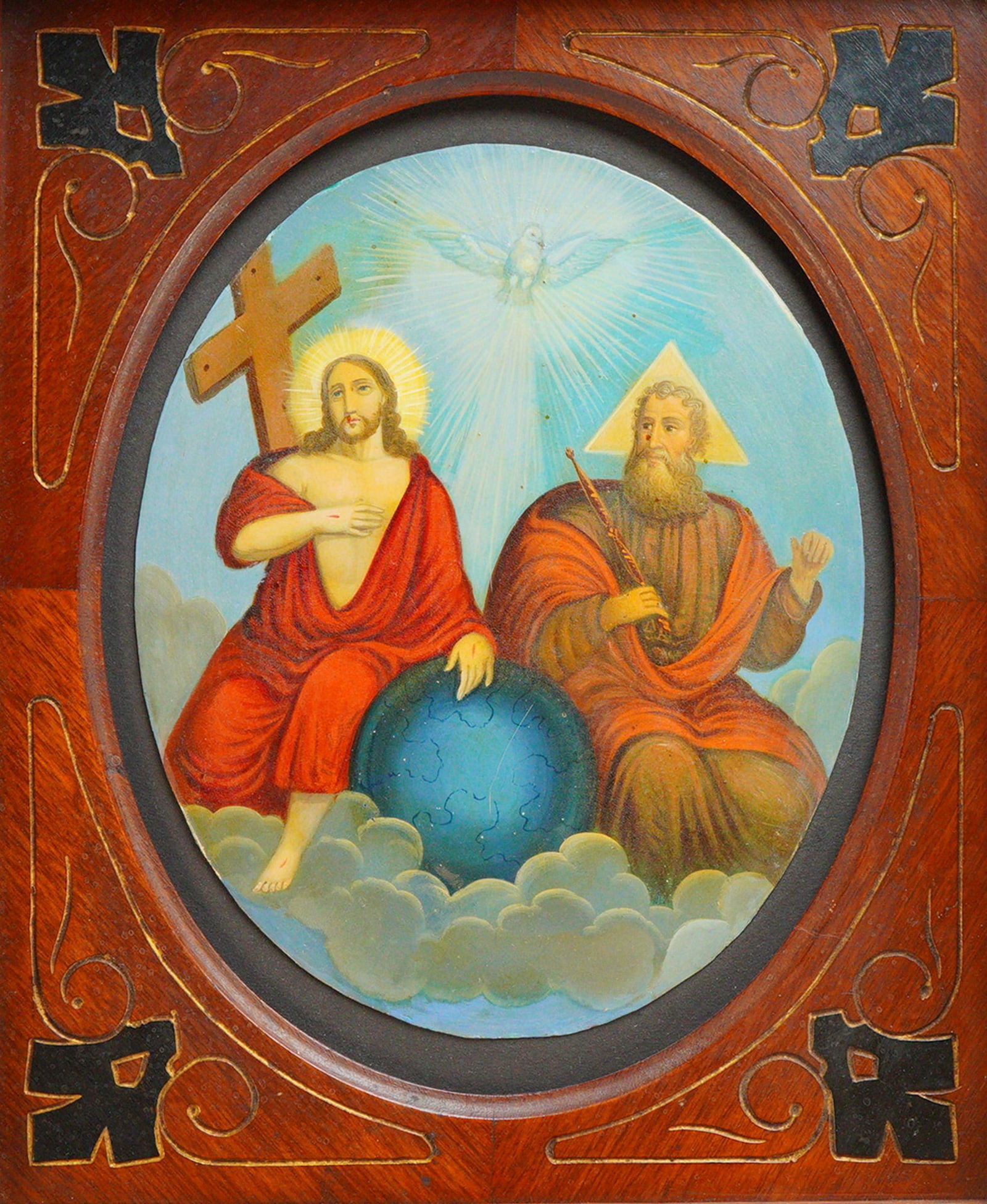 Gouache Religious Holy Trinity Painting on Tin: This religious gouache painting on tin depicts the Holy Trinity, featuring Jesus Christ with a cross, God the Father holding a scepter with a triangular nimbus, and the Holy Spirit represented as a do