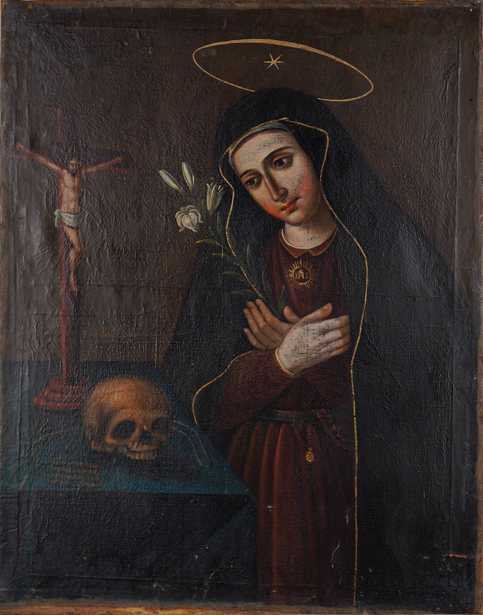 Oil on Canvas Religious Painting of Santa Mariana de Jesus: This religious oil on canvas depicting Santa Mariana de Jesus, dated ca. 19th century, follows Spanish Colonial traditions. The central figure is portrayed in a somber, devotional pose, wearing a dark