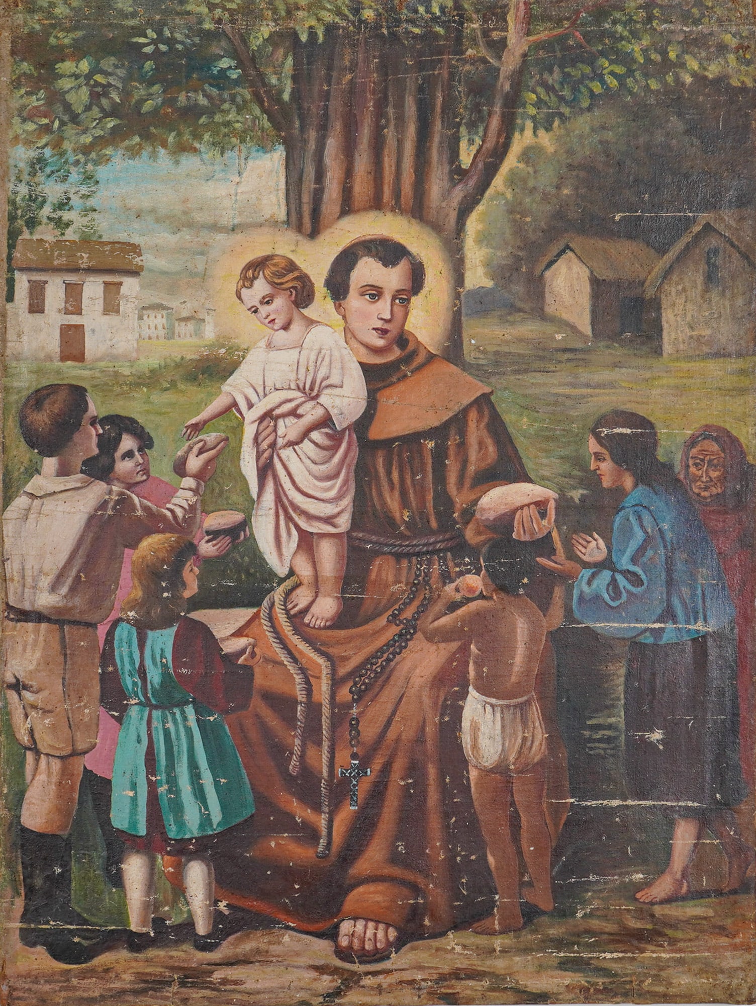 Oil Painting on Canvas, Saint Anthony of Padua Distributing Bread: This oil on canvas painting depicts the religious scene of Saint Anthony's Bread. The composition features Saint Anthony of Padua wearing a traditional brown Franciscan habit with a tonsure, knotted r