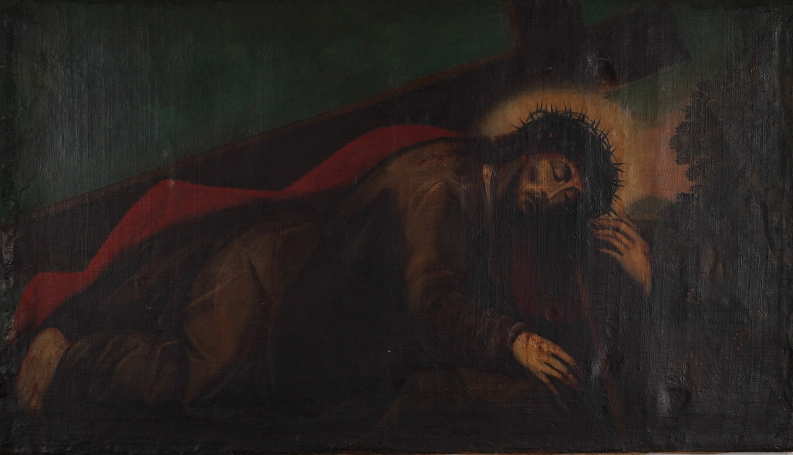 Original Oil on Canvas Painting Scene from The Stations of the Cross: This oil on canvas painting is a religious image depicting Jesus Christ during the Stations of the Cross. The composition illustrates a moment of Christ falling while carrying the cross, featuring a p