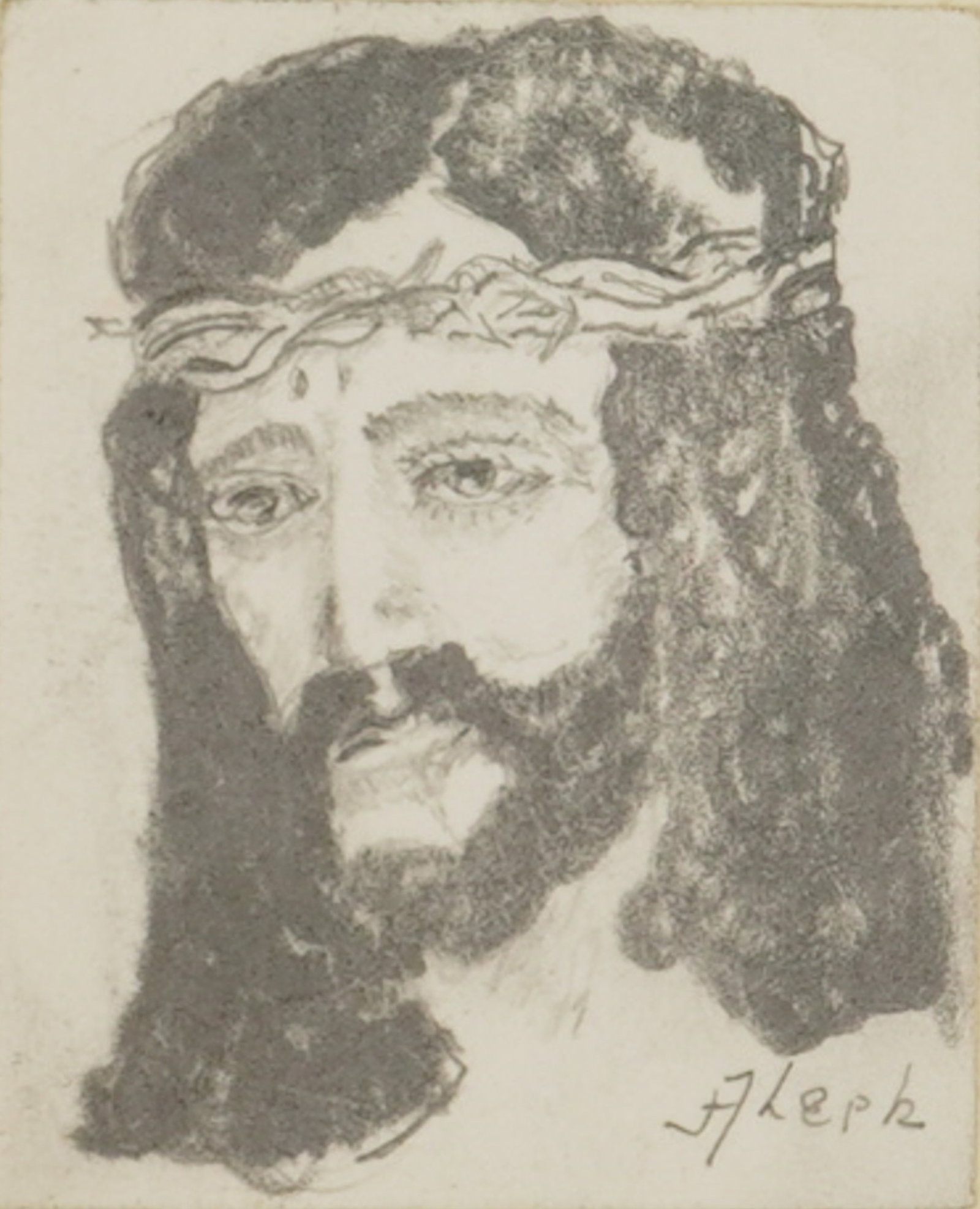Rafael Aleph Graphite on Paper Drawing of Jesus Christ: This lot consists of a small graphite on paper drawing of Jesus Christ. The portrait is executed in a realistic style, depicting the head of Christ wearing a crown of thorns. The work is signed Aleph