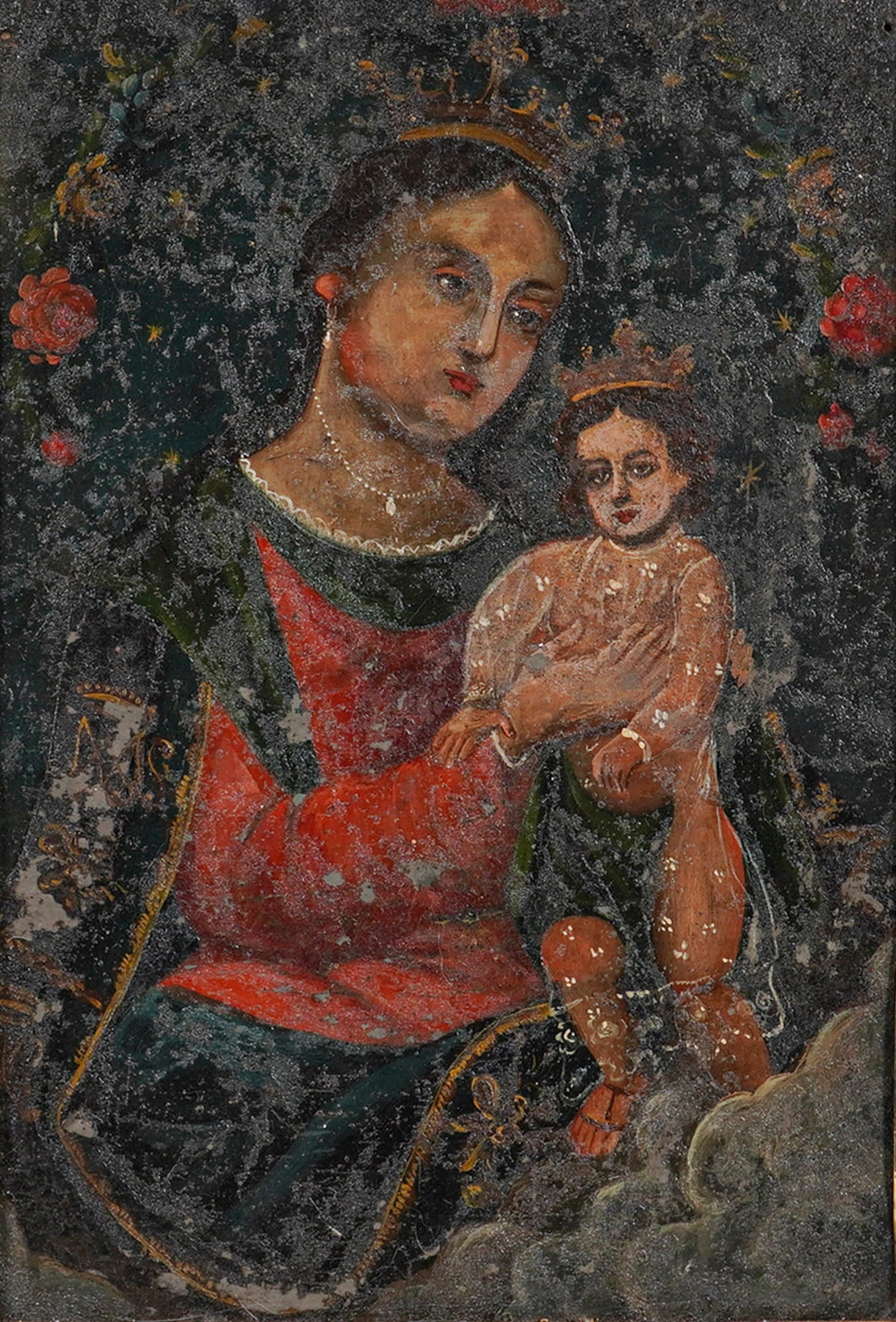 19th Century Latin American Retablo, Oil on Metal, Madonna and Child (1 of 6)