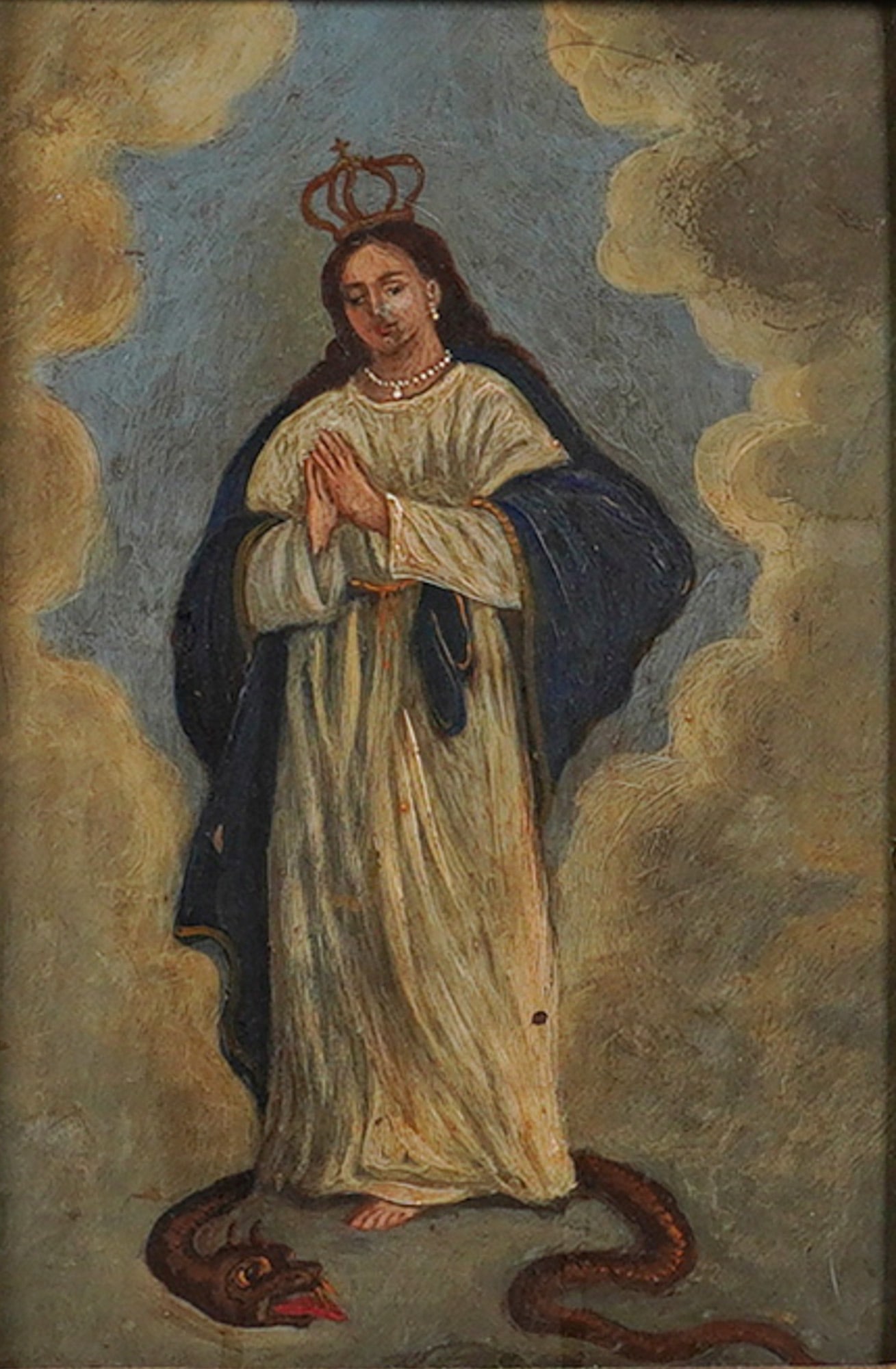 Spanish Colonial Oil on Tin Retablo, Virgin Mary with Serpent at Her Feet: This religious devotional work is a Spanish Colonial oil on tin retablo depicting the Virgin Mary as the Immaculate Conception. The central figure is portrayed with a crown and a pearl necklace, her h