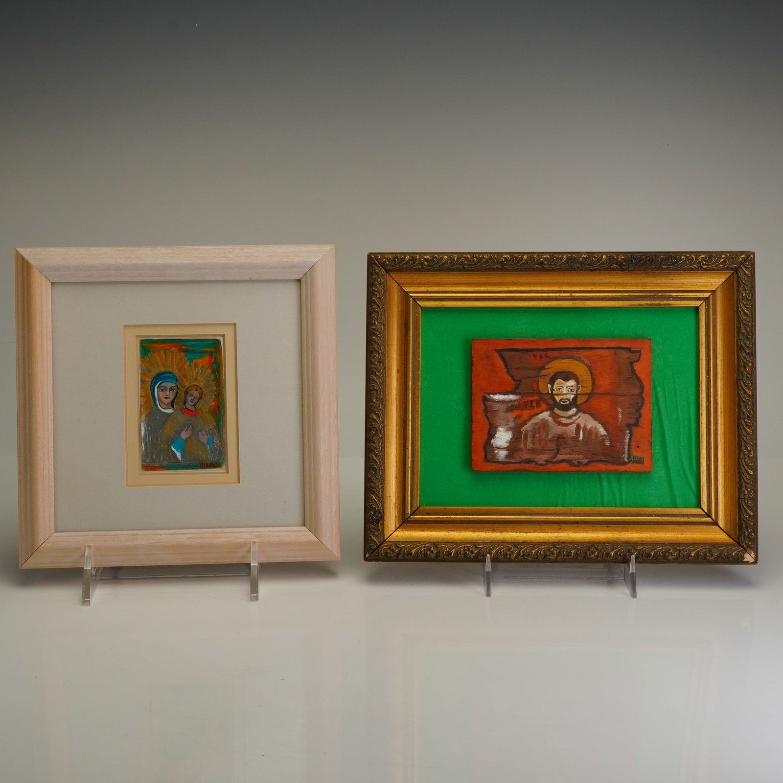 2pc Rafael Aleph Framed Religious Icon Acrylics Paintings: A pair of acrylic paintings by Rafael Aleph. The first features metallic paint portraying a stylized Virgin and Child. The second, titled Priceless, is executed on a horizontal-grained wood panel, dep