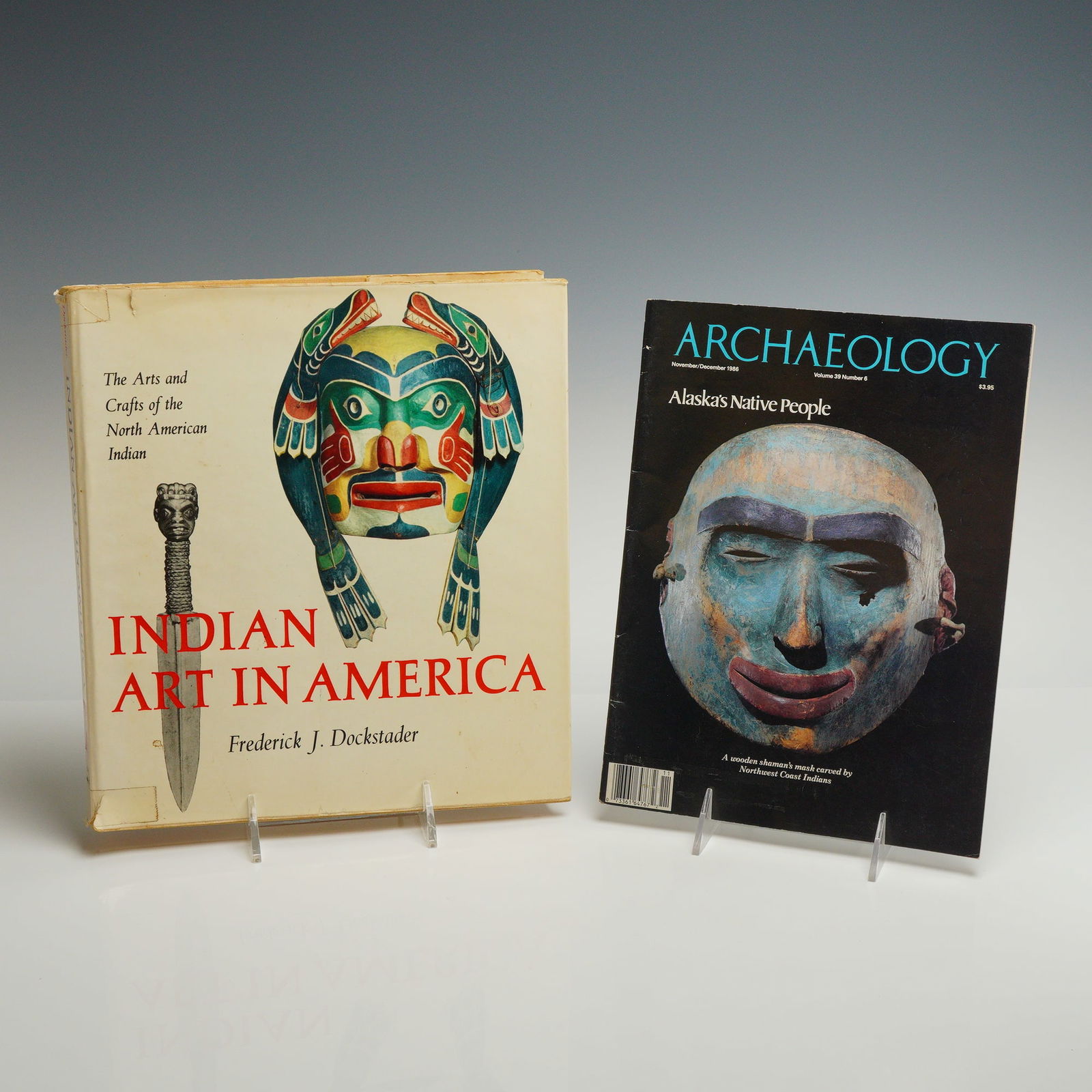 2 Books, Indian Art in American and Archaeology Alaska's Native People: This lot consists of two publications focused on North American Indigenous art and archaeology. The first item is a hardcover edition of Indian Art in America: The Arts and Crafts of the North America