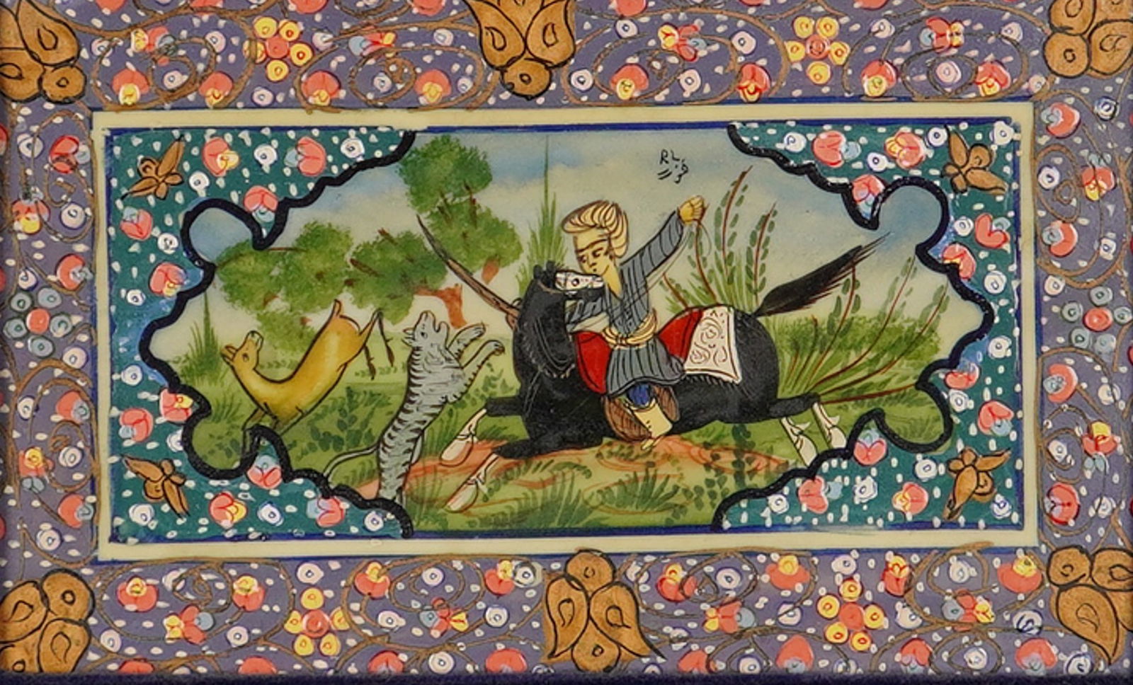 Rila Lehir Khatam Persian Oil on Acrylic Painting: Framed painting depicting a traditional hunting scene. The central composition features a figure on horseback pursuing a tiger and a gazelle within a stylized landscape. The scene is enclosed in a