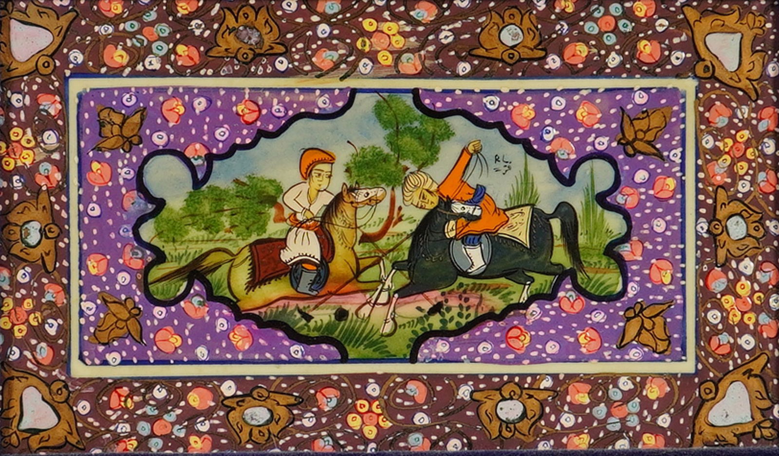 Hand Painted Enamel on Composite Board, Persian Polo Match Scene, Signed: This hand painted enamel on composite support board depicts a traditional Persian polo match scene. The central composition features two riders on horseback with mallets, set against a landscape