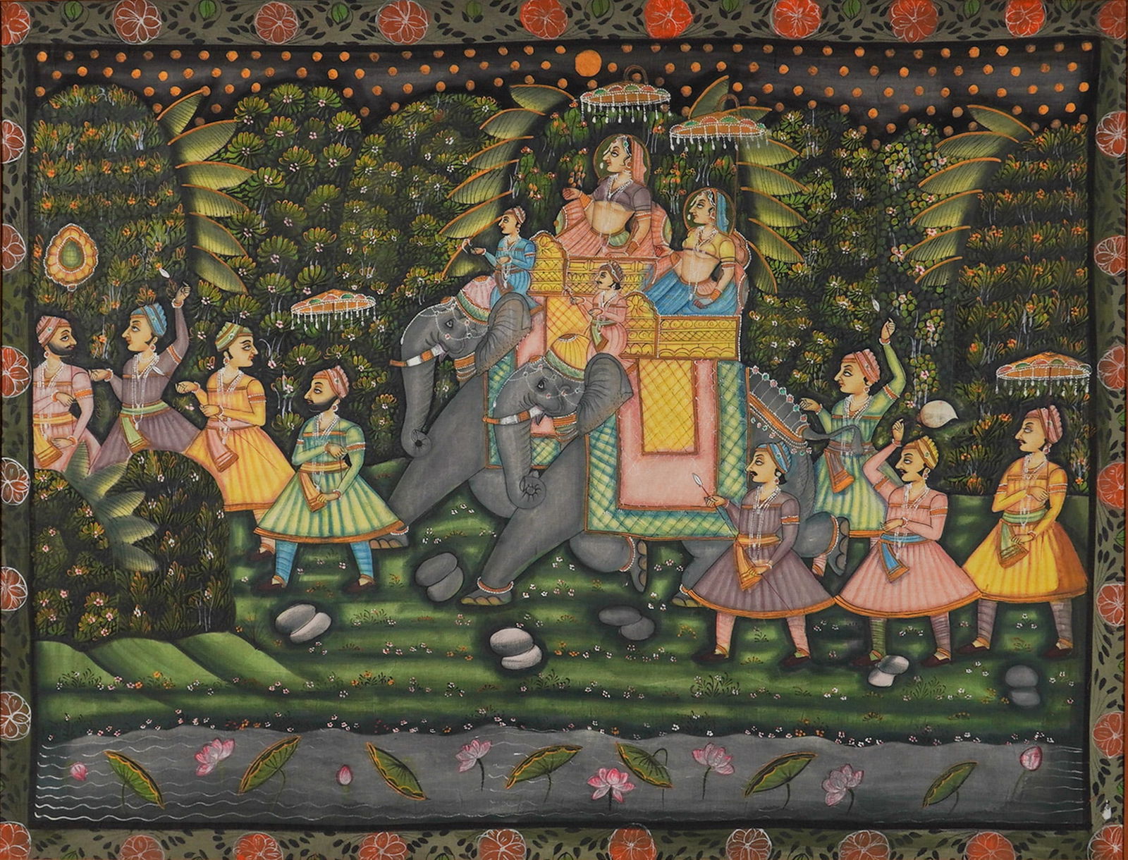 Large Mughal Style Indian Painting on Cloth Depicting a Royal Procession: This large format original Mughal style Indian painting on cloth depicts a royal procession within a nocturnal landscape. The composition centers on a caparisoned elephant supporting an ornate golden