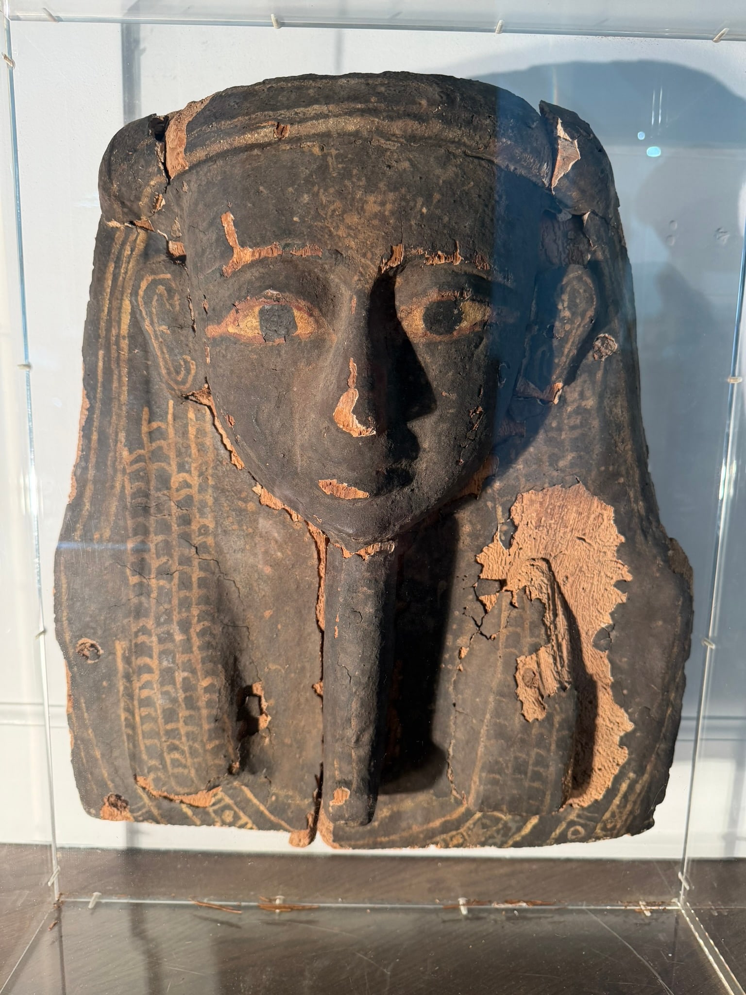 Egyptian Wood and Gesso Mummy Mask Fragment, Period, 664-300 BC: An Egyptian mummy case portrait fragment constructed from carved wood and shaped with gesso, dating to the Late Period (26th to 30th Dynasty, 664 B.C. to 300 B.C.). The fragment is rendered in high