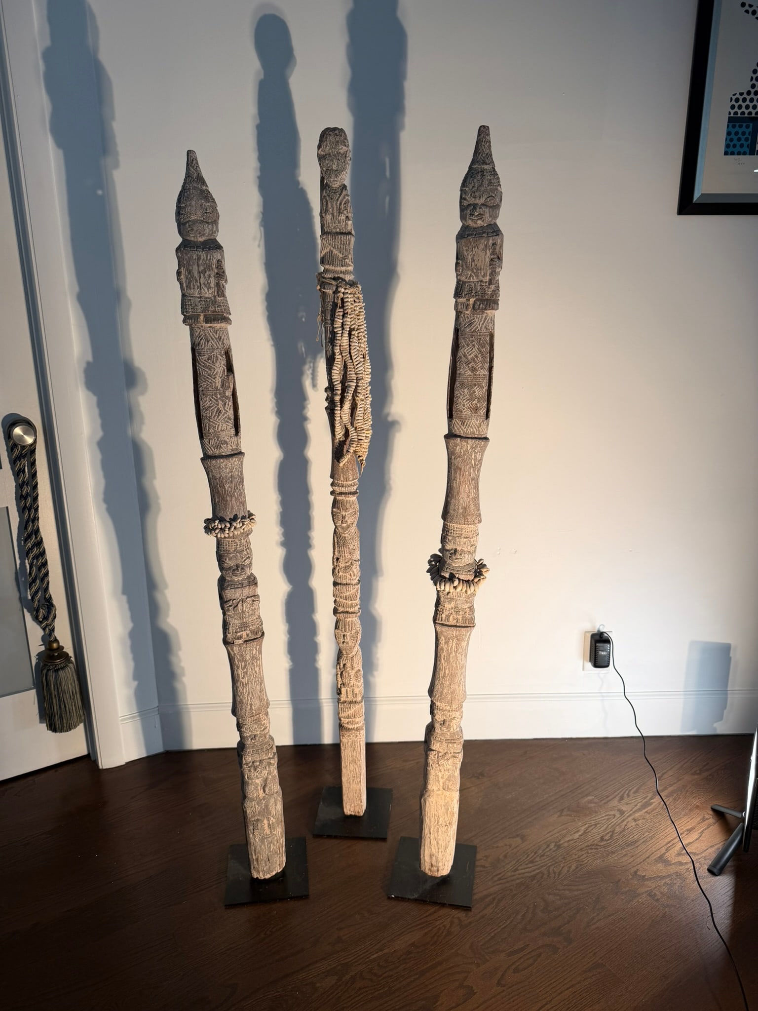 Benin Kingdom Ukhurhe Altar Staffs (Group of 3), Nigeria, 19th/20th Century: A collection of three Benin Scepter Rattle Staves, known as Ukhurhe, carved from wood, originating from Nigeria and associated with the Benin Kingdom. These are significant ceremonial objects used to