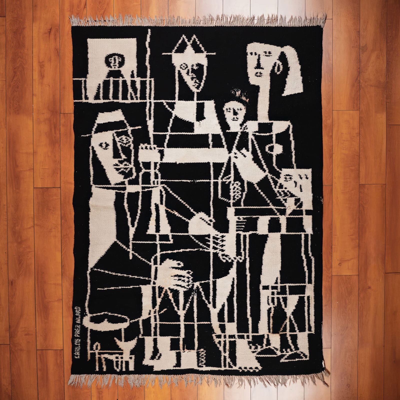 Carlos Paez Vilaro, Wove Wool Tapestry, Candombe,Signed: Striking wool tapestry by Carlos Paez Vilaro titled Candombe. This bold black and ivory weaving captures the dynamic spirit of the Afro-Uruguayan cultural tradition of candombe, with geometric figures