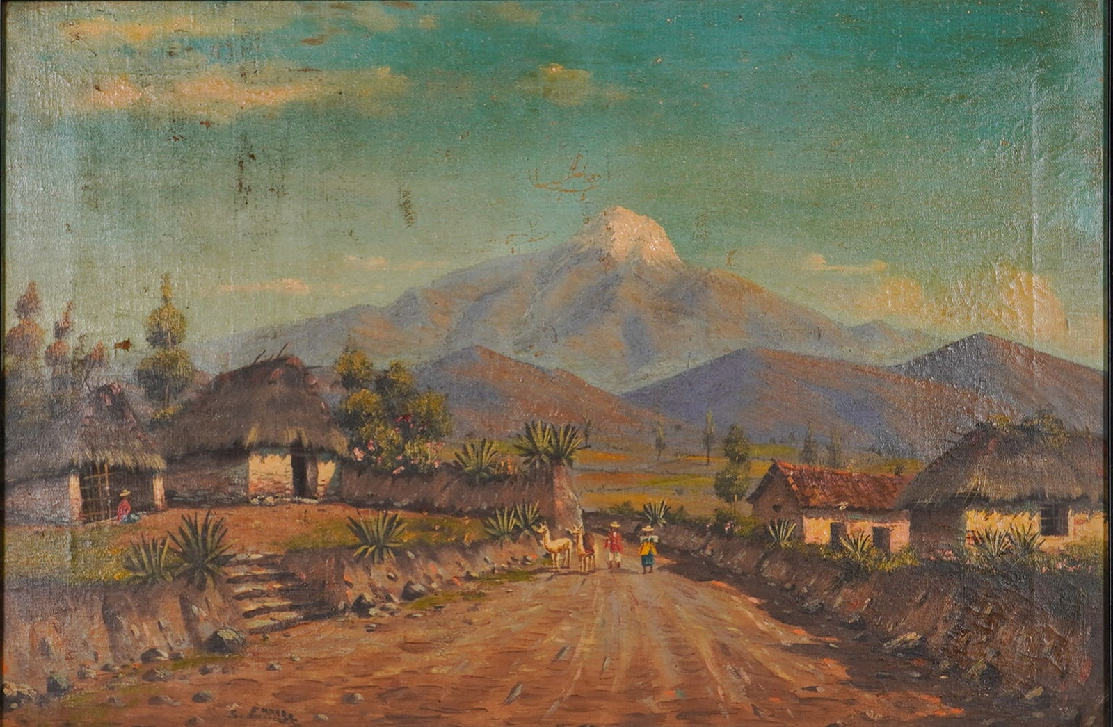 Joaquin E. Ruiz (Ecuadorian, b. 1933) Oil on Canvas, Village Scene, Signed: This oil on canvas landscape painting by Ecuadorian artist Joaquin Endara Ruiz who depicts a South American village scene featuring the prominent snow-capped Copotaxi volcano mountain peak rising abov