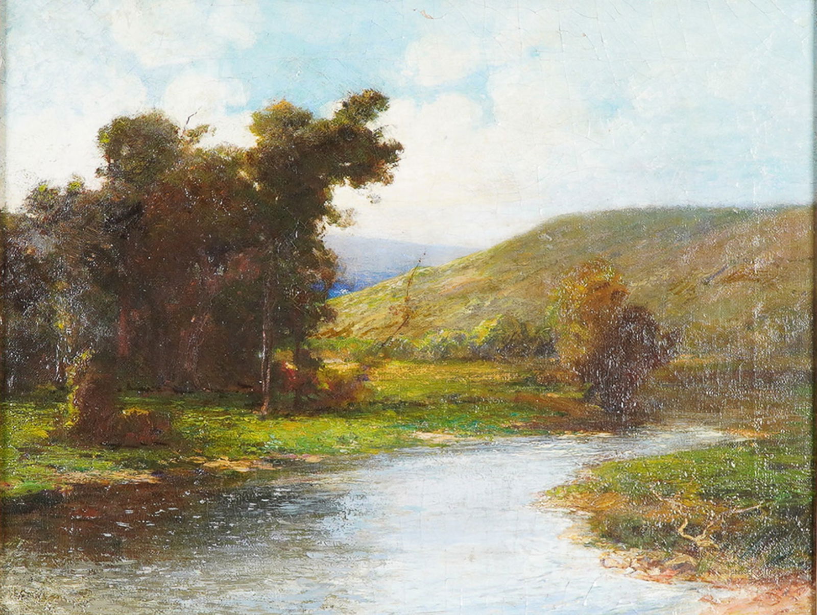 Charles Edwin Cookman, Oil on Canvas, River Landscape with Hills, Signed: Antique oil on canvas by Charles Edwin Cookman, depicting a tranquil river landscape flanked by green meadows, trees, and rolling hills under a luminous sky. The scene is rendered in a warm naturalist