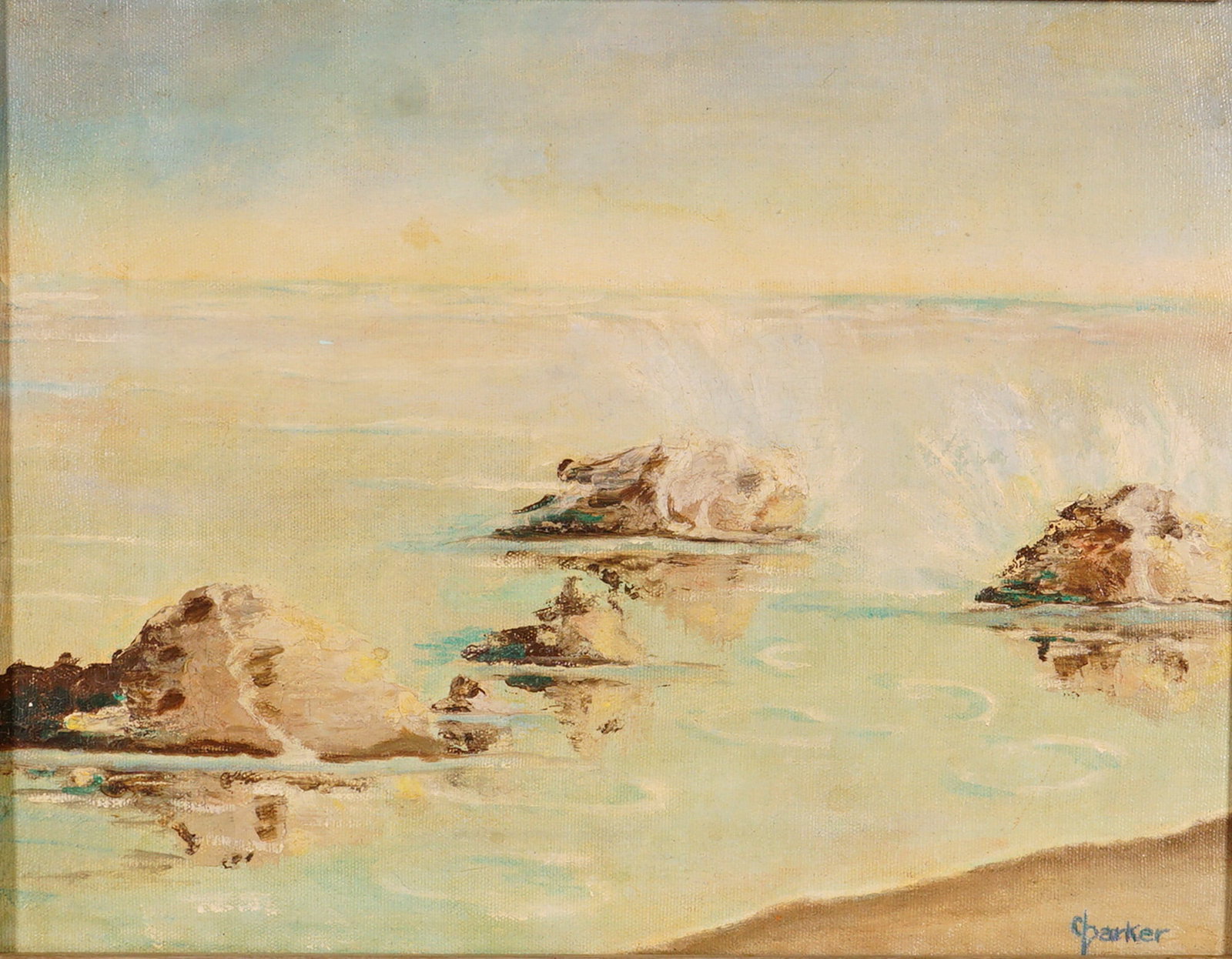 Oil on Canvas Painting, Coastal Seascape, Signed Parker: This serene seascape captures the tranquil beauty of rocks emerging from calm coastal waters, bathed in a soft golden light. Rendered in oil on canvas, the artist Parker skillfully layers delicate ton