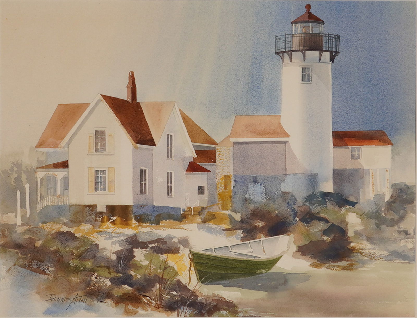 Dennis Alton (American, 20th/21st Century) Watercolor Coastal Lighthouse: Dennis Alton (American, 20th-21st century). Large watercolor on paper. This coastal maritime scene features a prominent white lighthouse with a red-toned lantern roof and an adjacent white clapboard r