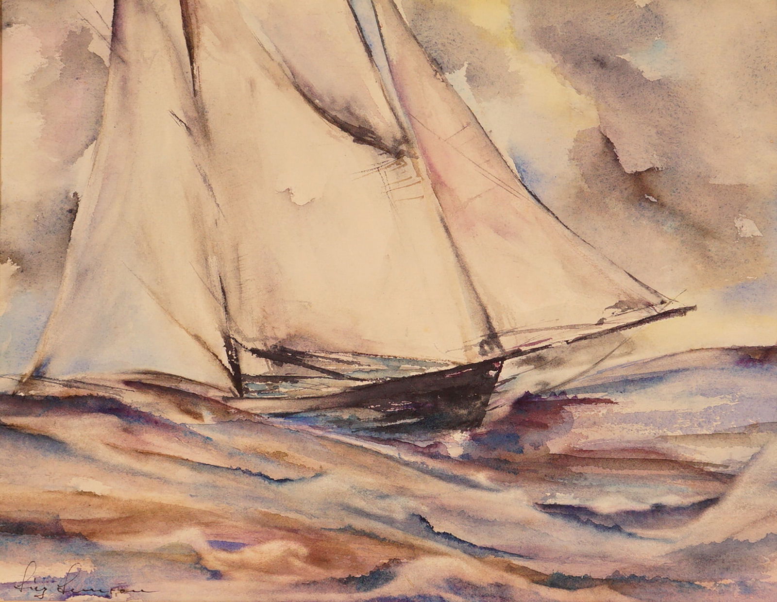 Siegfried K Semrau, Watercolor on Paper Painting, Stormy Sea, Signed: A dynamic watercolor on paper painting by Siegfried K. Semrau titled Stormy Sea, depicting a sailboat navigating turbulent waters beneath a moody sky. Semrau's expressive brushwork and soft blending o