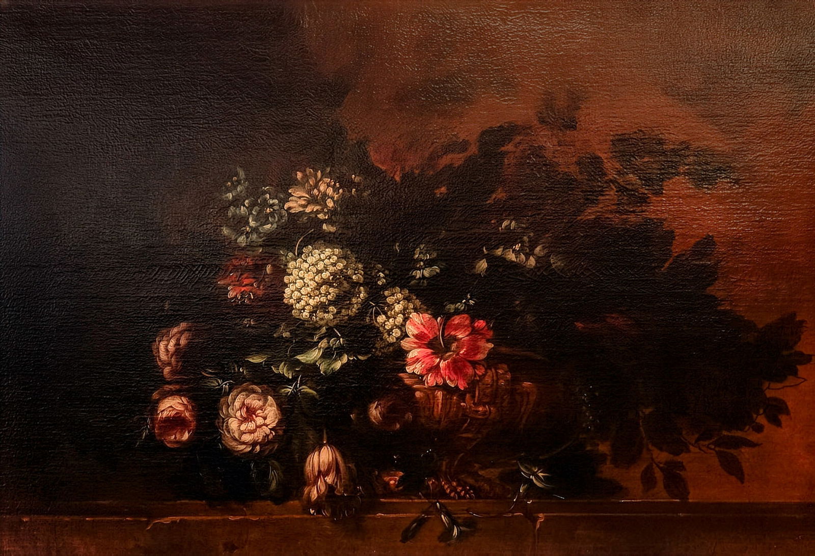 After Andrea Scacciati, Baroque Oil Painting on Canvas, Still-Life Flowers: An exquisite 18th century Florentine school still life after Andrea Scacciati, depicting a lush arrangement of tulips, lilies, hyacinths, roses, and other blossoms gathered in a dramatic composition.