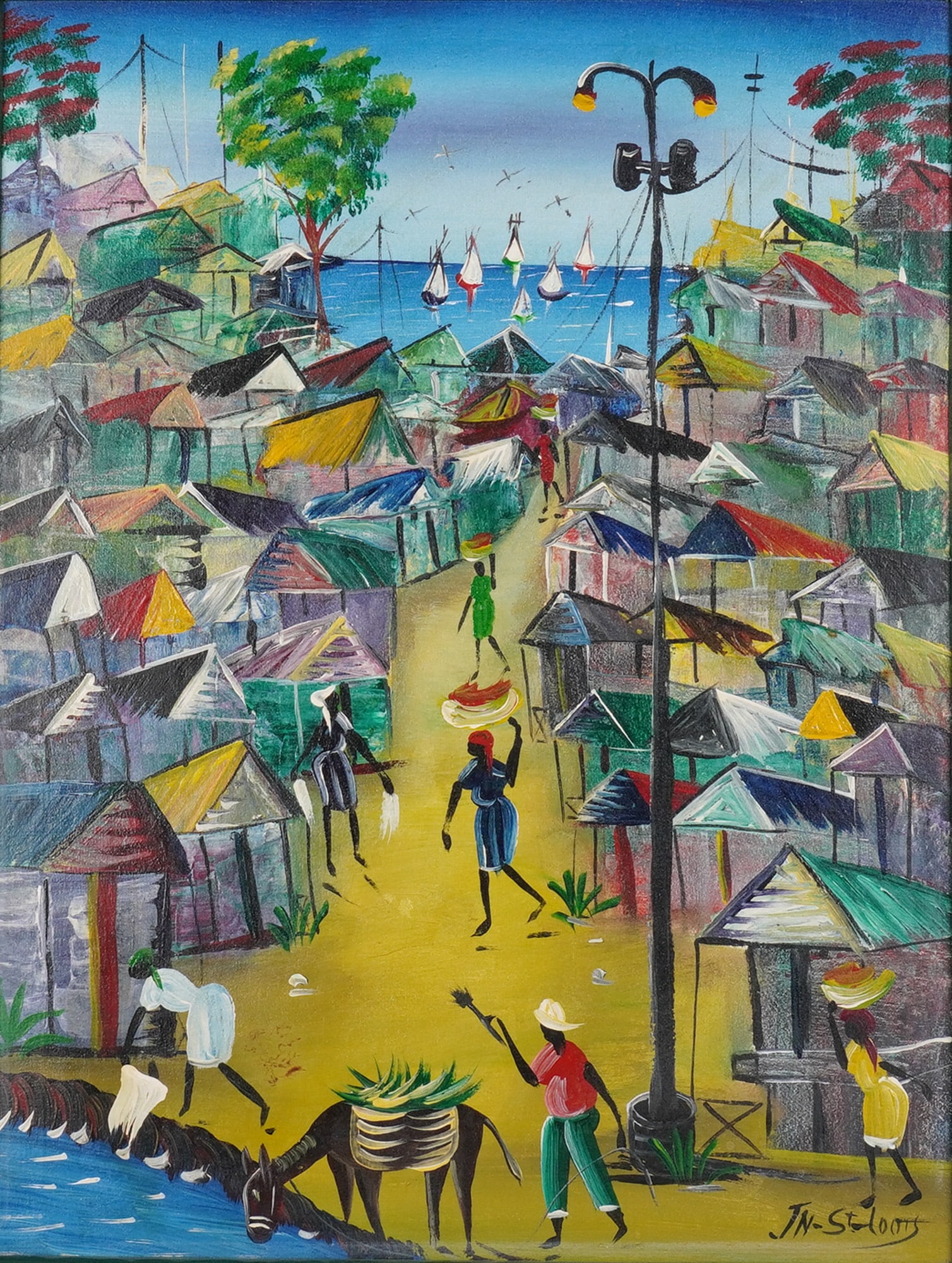 Haitian Oil on Canvas, Village Scene Painting, Signed: A Haitian oil on canvas painting depicting a bustling coastal village scene. The composition features brightly colored houses with multi-hued roofs arranged along a winding path that leads towards a b