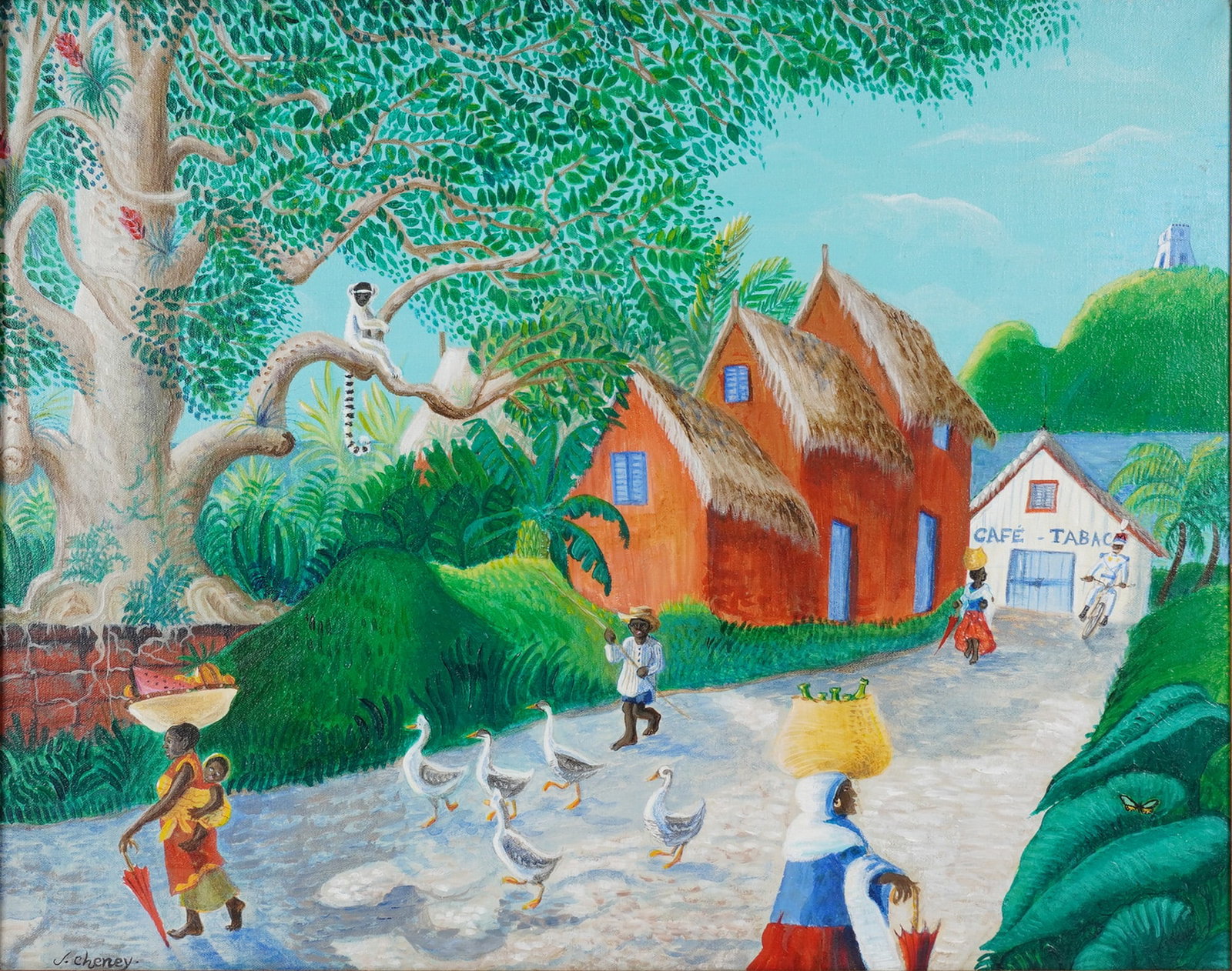 J. Cheney (Haitian, 20th-21st century) Oil on Canvas, Village Scene, Signed: An original oil on canvas painting by Haitian artist J. Cheney, depicting a vibrant village scene. The artwork features numerous figures, including a woman carrying a child and produce, a man herding