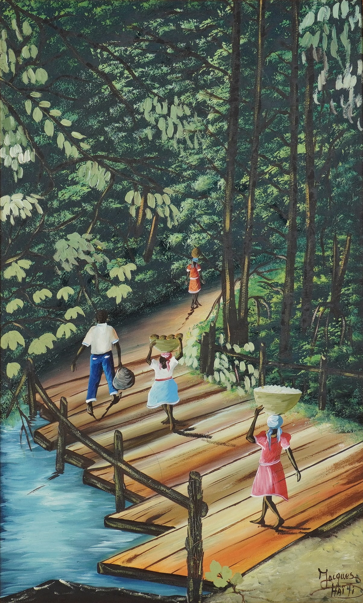 Haitian Oil on Board Painting, Rural Bridge Scene, Signed Jacques: A Haitian oil on board painting that depicts a vibrant rural scene featuring women carrying baskets on their heads and a man holding a basket, crossing a rustic wooden bridge over a river, set against