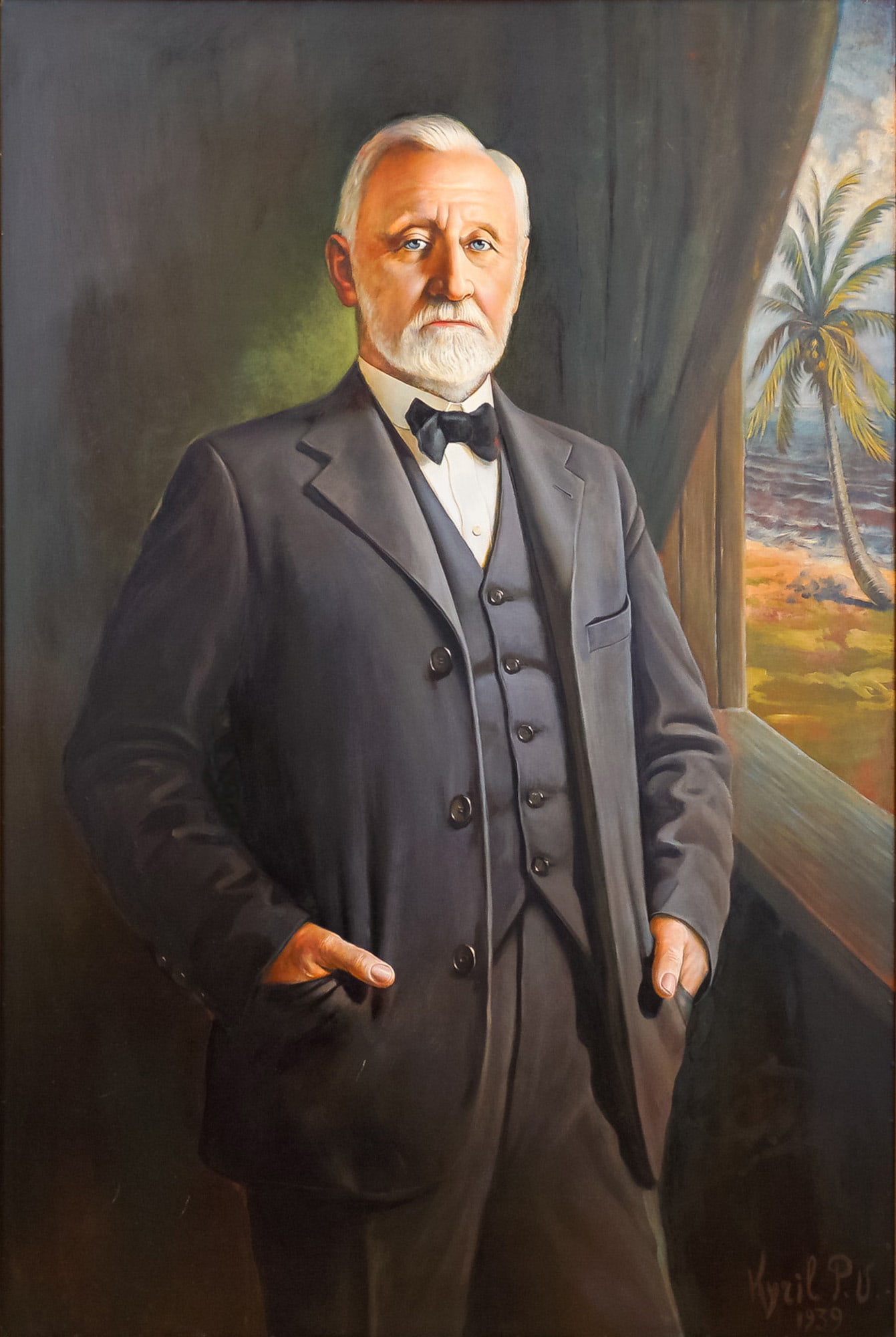 Kyril Vassilev (Bulgarian-American 1908-1987) Oil Painting Portrait Signed: This commanding oil on masonite portrait by renowned Bulgarian-American artist Kyril Vassilev) depicts John S. Collins (1837-1928), a pivotal figure in South Florida's history and one of the founders