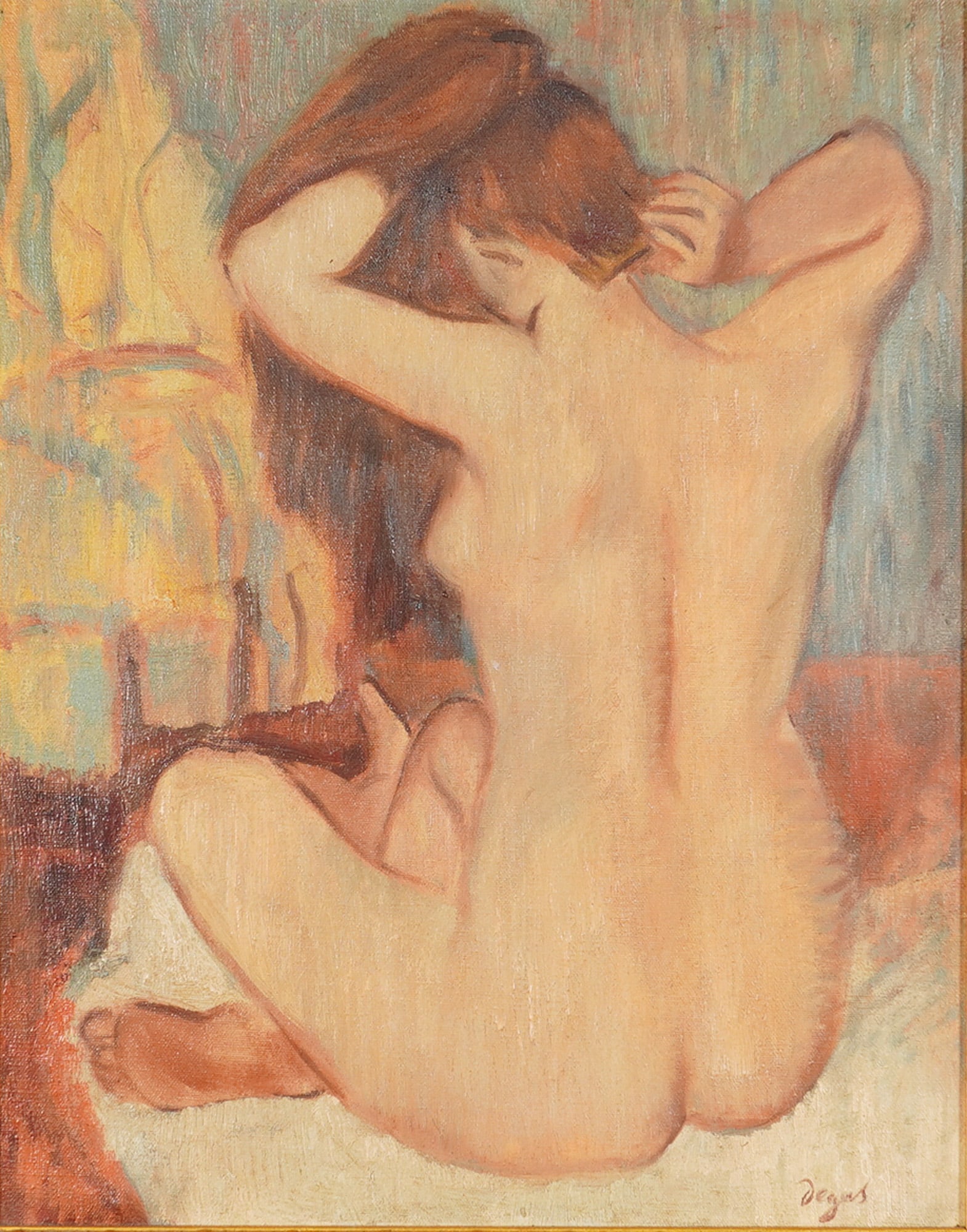 After Edgar Degas (French, 1834-1917) Original Oil on Canvas, Signed: This oil on canvas painting, executed after French Impressionist Edgar Degas, depicts a woman combing her hair, a subject frequently explored by the artist and often referred to as La Coiffure. The co