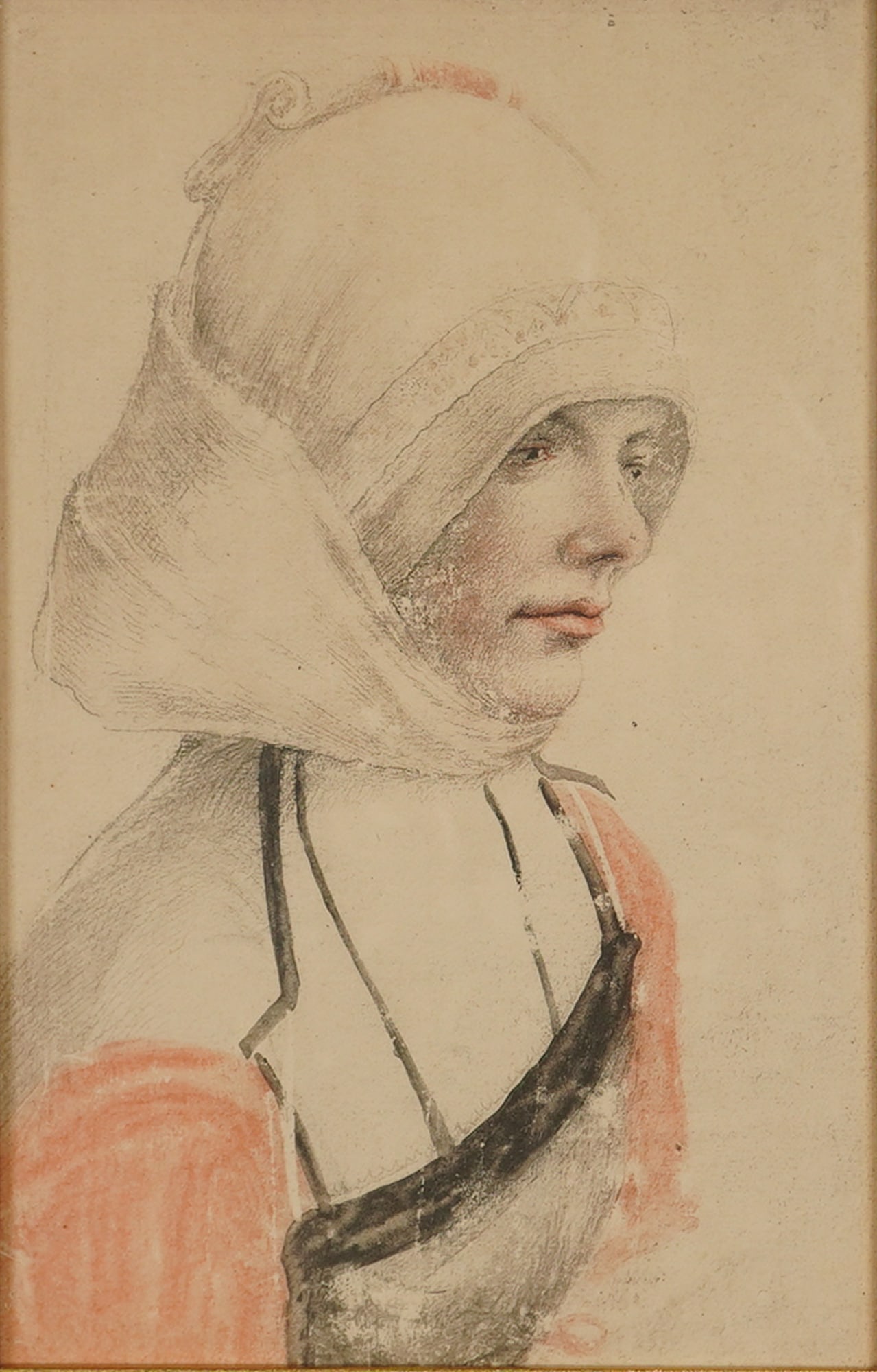 Franz Hanfstaengl after Hans Hobein the Elder Lithograph Print, Young Woman: This color lithograph is after the painting Lady in Yellow by Hans Holbein the Younger, produced by Franz Seraph Hanfstaengl of Munich. The work depicts a bust-length portrait of a woman in 16th-centu