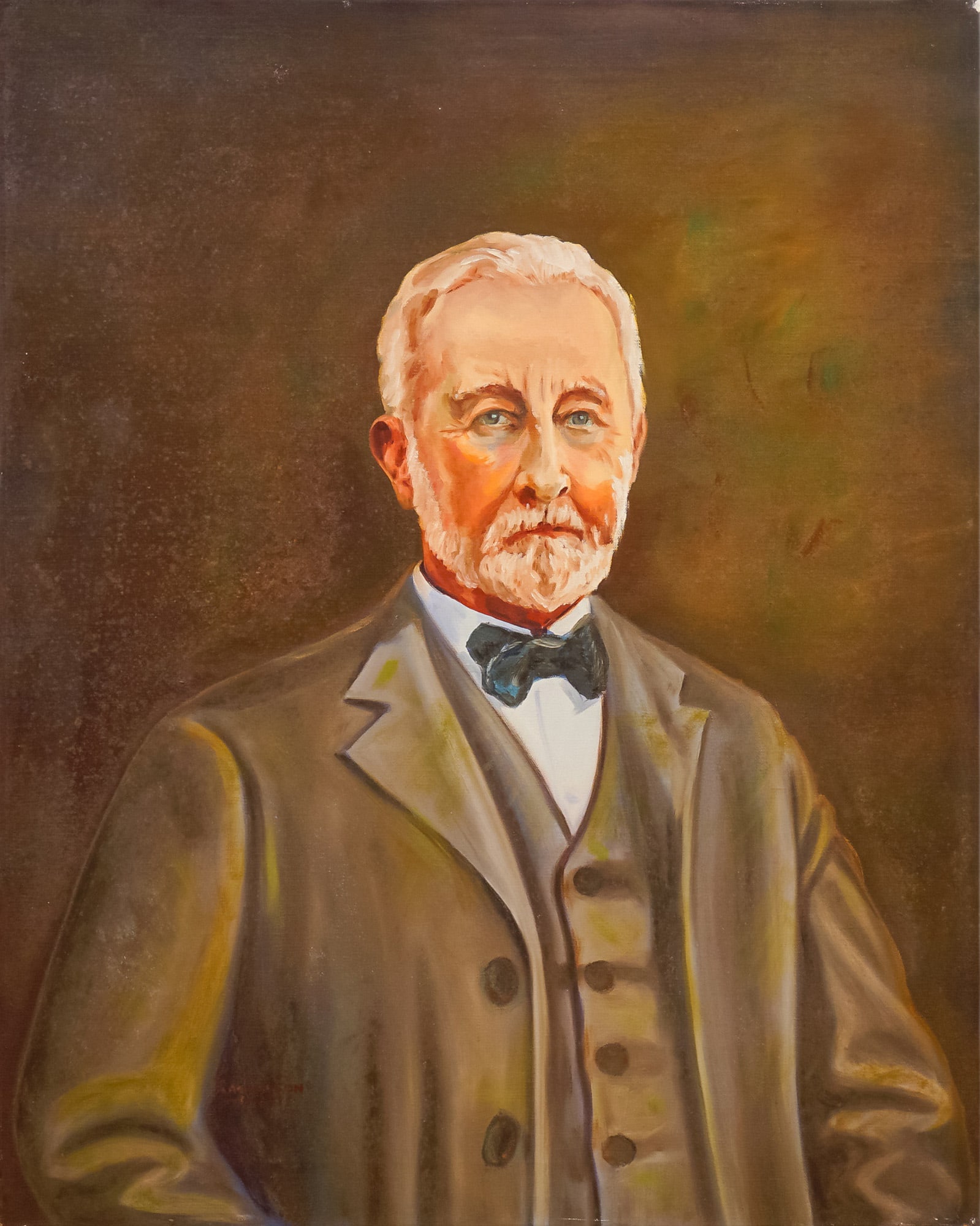 Original Oil on Canvas Painting, Portrait of John S. Collins: Oil-on-canvas portrait presents a distinguished depiction of John S. Collins, rendered in warm, lifelike tones that exude both dignity and depth. The artist skillfully captures the commanding yet sere