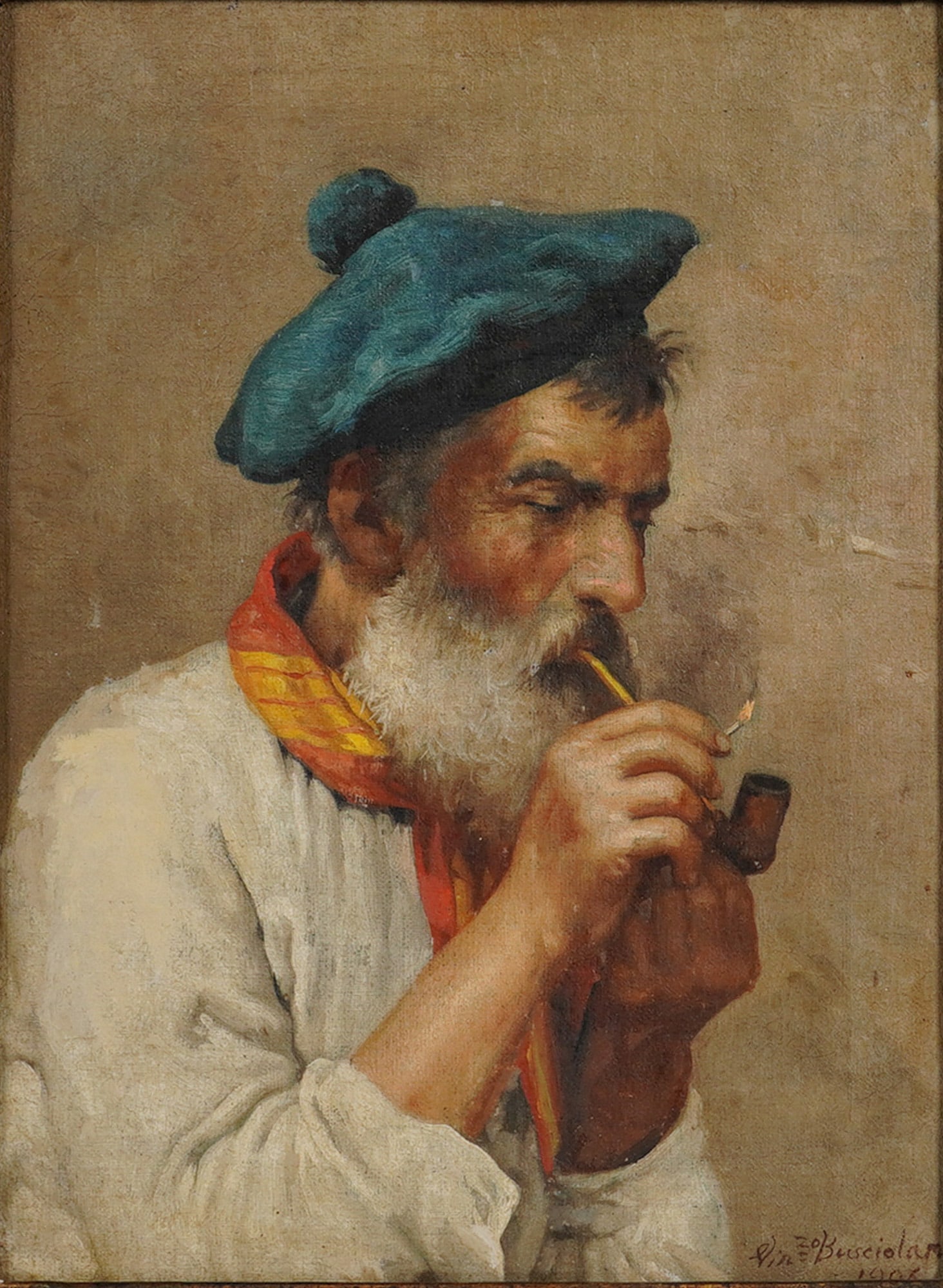Vincenzo Busciolano (Italian, 1851-1926), Oil on Canvas, Signed: An oil on canvas portrait of a man smoking a pipe by Vincenzo Busciolano (Italian, 1851-1926). The realist work depicts an elderly bearded man in profile wearing a blue beret and a patterned red and y