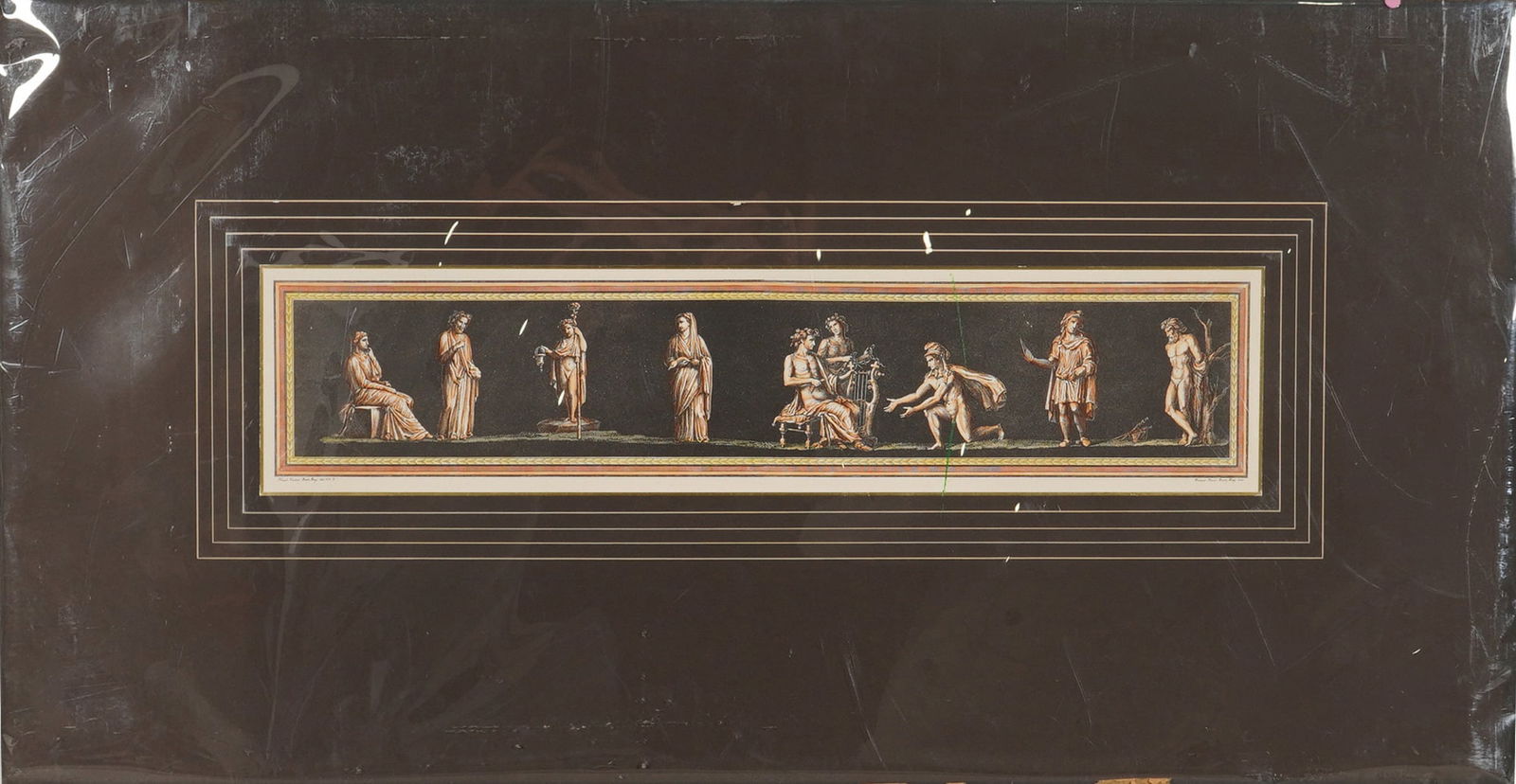 18th C. Hand Colored Neoclassical Engraving by Niccolo Vanni & Rocco Pozzi: This 18th-century hand-colored engraving features a neoclassical horizontal frieze depicting several mythological and classical figures against a black ground. The central composition is enclosed with
