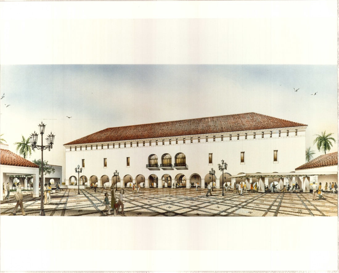 Architectural Illustration Print, Miami-Dade Main Public Library: Gloss finished photographic print of an architectural rendering by American architect Philip Johnson. The full color rendering features a white building designed in the Mediterranean revival style wit