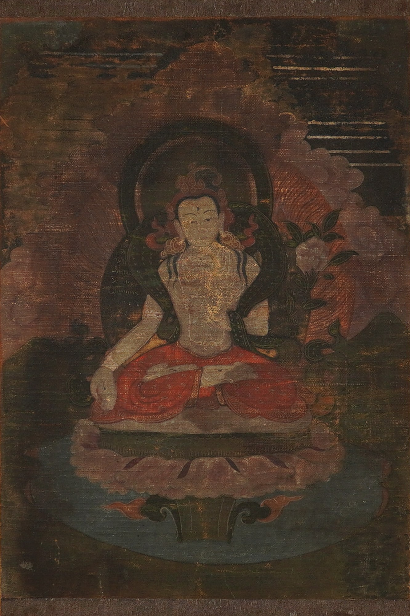 Antique Tibetan Buddha Painting on Silk in Gilded Wood Frame: This 200 year old hand-painted picture on silk depicts a seated Tibetan Buddha. The central figure is shown in a meditative posture atop a lotus throne, rendered in a traditional style against a dark