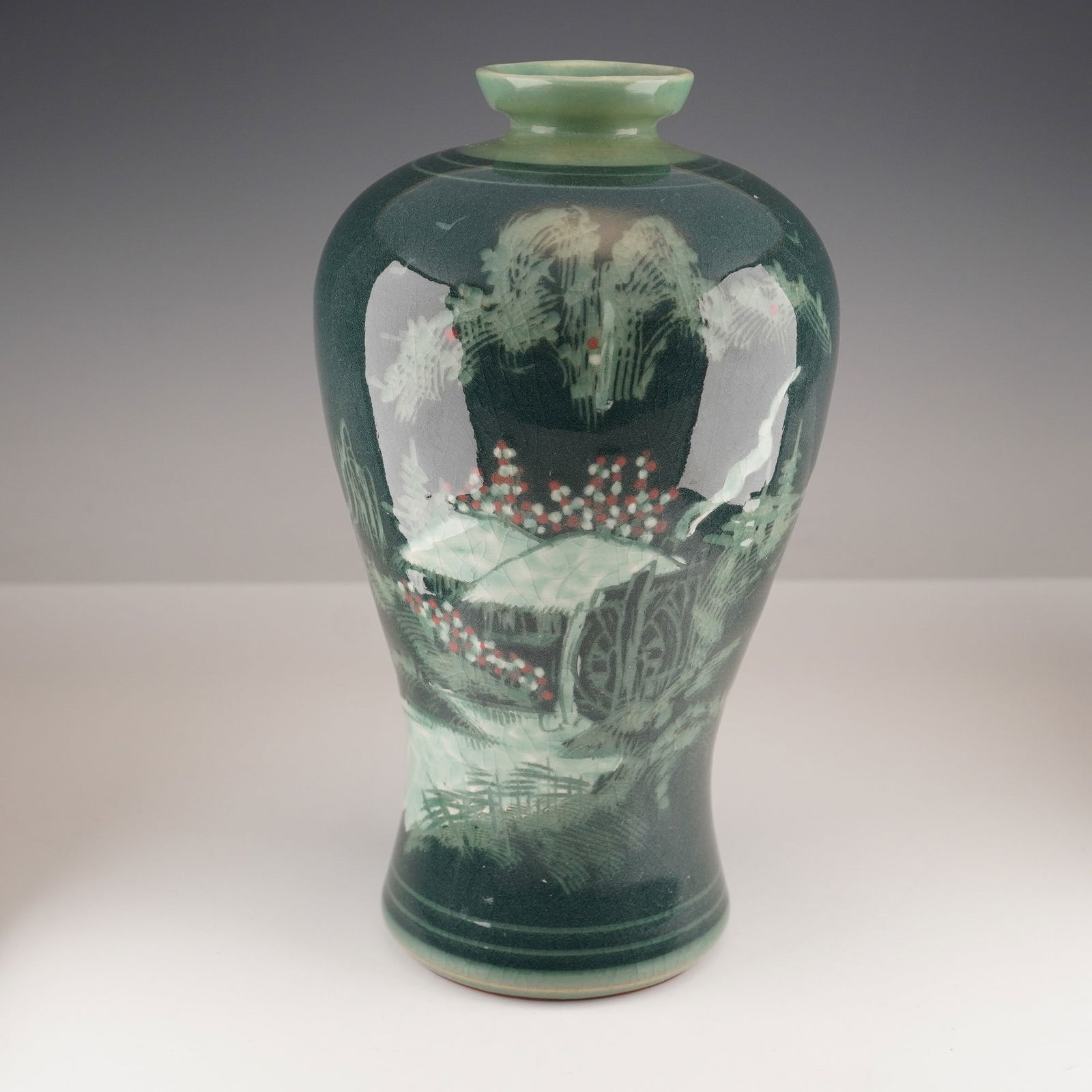 Korean Celadon Vase with Dark Green Crackle Glaze, Landscape Scene (1 of 5)