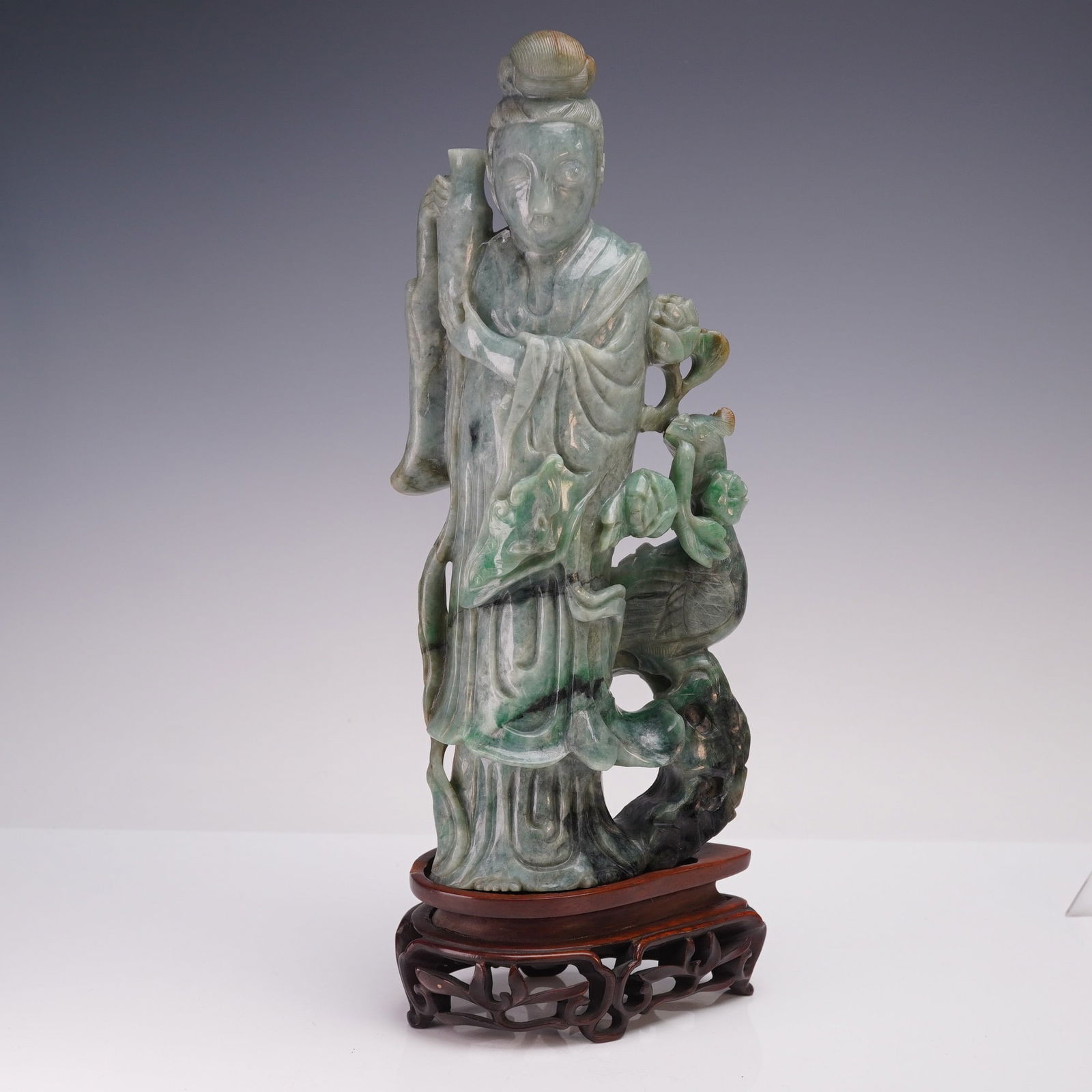 2pc Chinese Carved Jadeite Guanyin Figurine with Base (1 of 7)