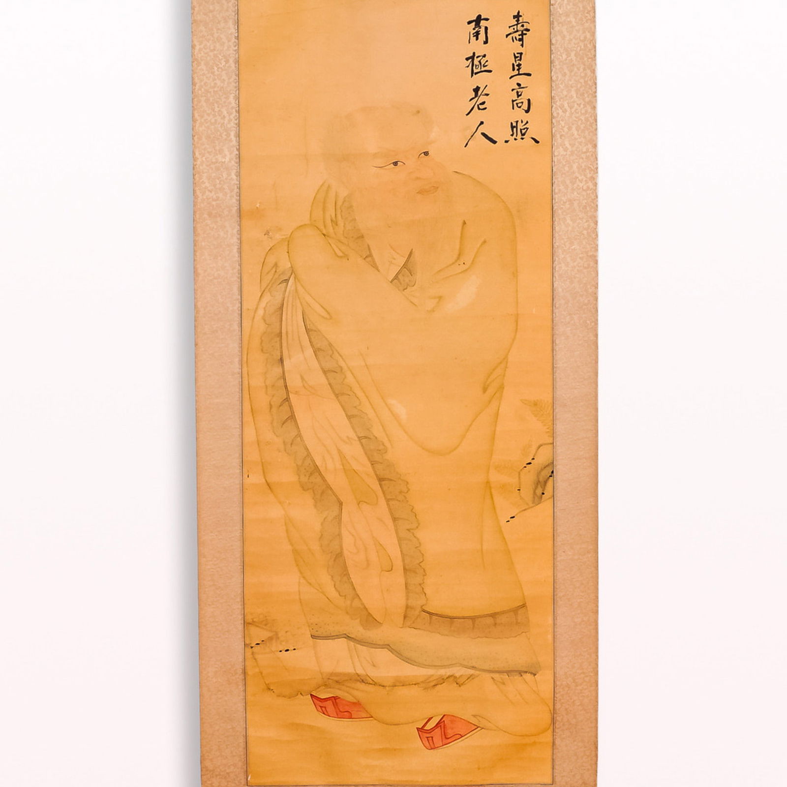 Chinese Temple Scroll, God of Longevity, Watercolor on Paper, Silk Mounted (1 of 9)