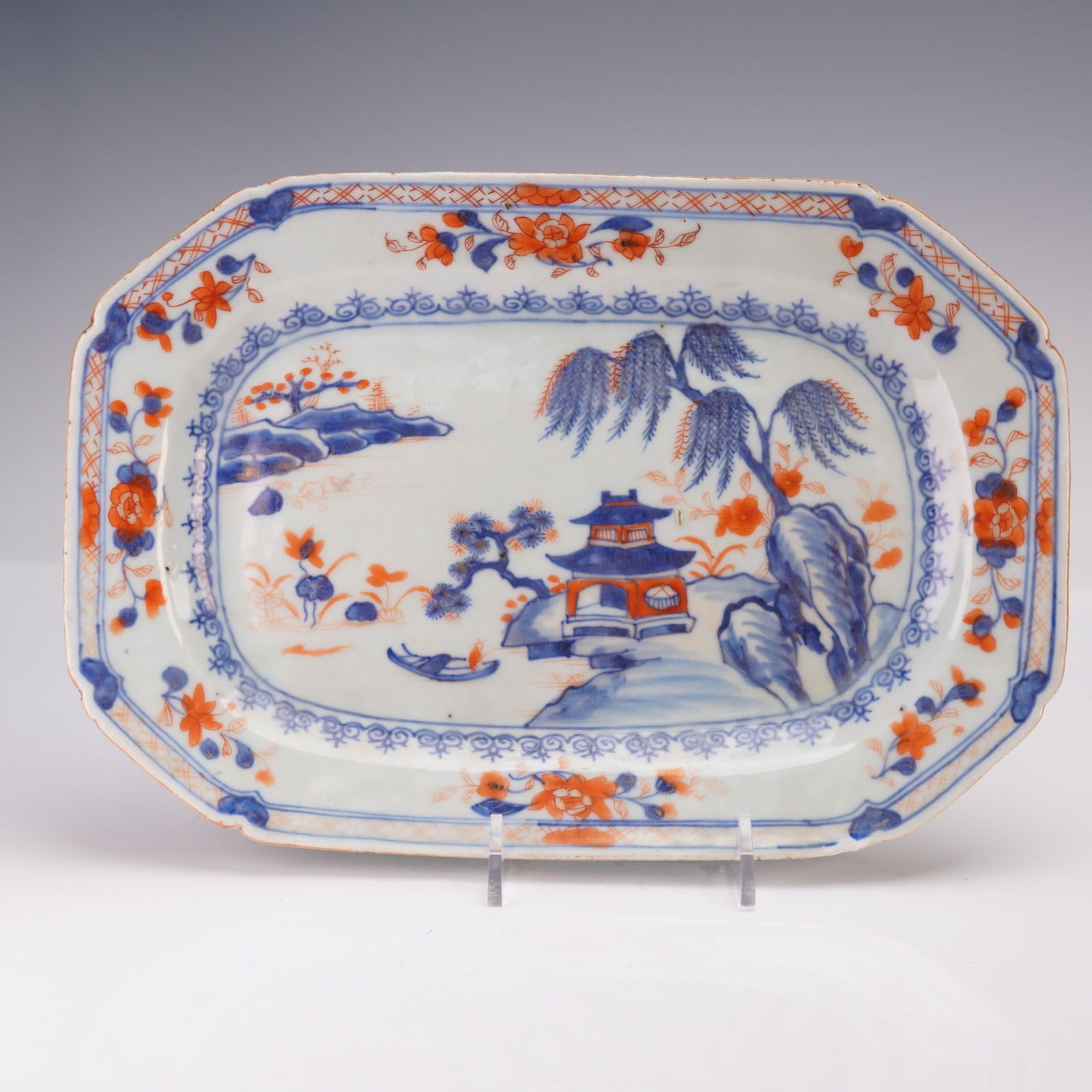 Chinese Small Imari Landscape Design Tray: The rectangular tray with chamfered corners features a central scene depicting a lakeside pavilion, a fisherman in a small boat, and a landscape with rocks, trees, and flowers. The decoration is execu