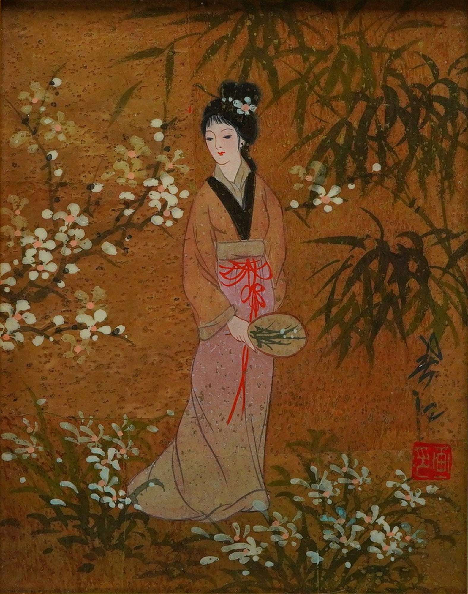 Framed East Asian Geisha Painting Late 20th Century: A single framed East Asian-style painting, likely executed in gouache or acrylic on board, depicting a standing female figure identified as a Geisha or Bijin-ga subject. The figure wears a traditional