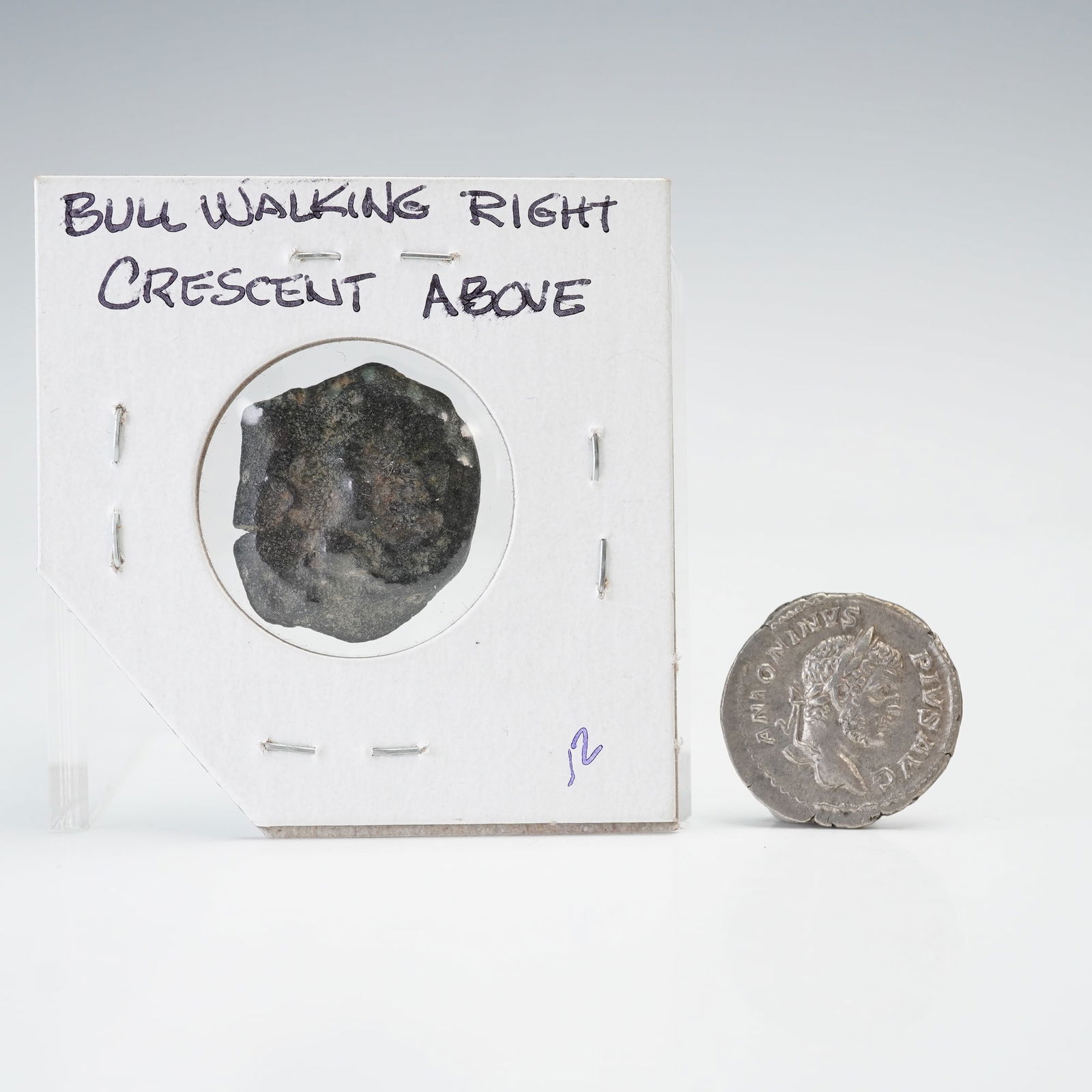 2pc Ancient Roman Bronze Semis & Caracalla Concordia AR Denarius Coins: A Roman provincial bronze semis from ancient Spain attributed to the Ubusco mint, featuring a portrait bust on the obverse and a bull walking right with a crescent above on the reverse, and a silver