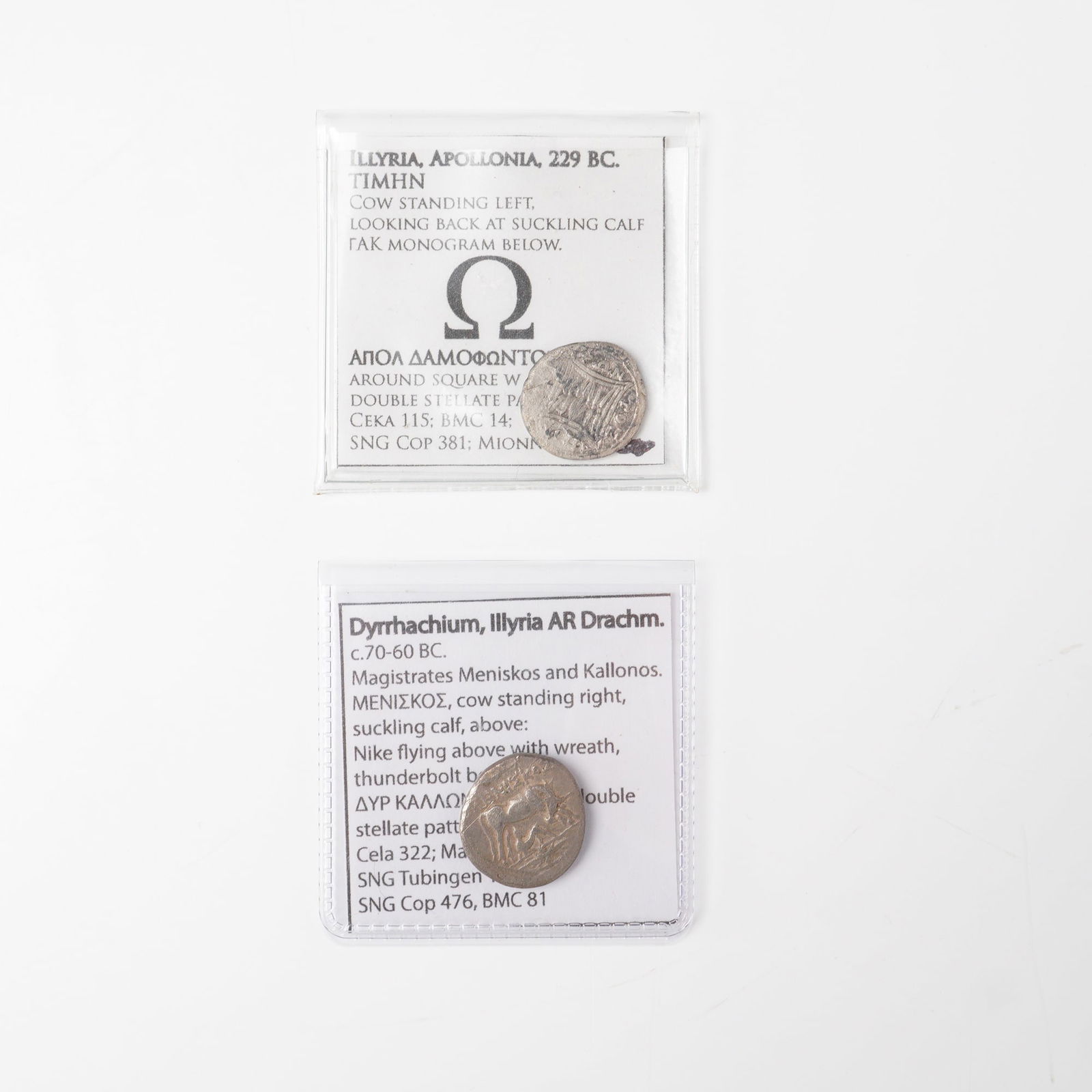 2pc 229 to 60 B.C Illyria Apollonia and Dyrrhachium Coins: This lot features two ancient coins from Illyria, one from Apollonia dated around 229 BC and one from Dyrrhachium dated between 70 and 60 BC. Both coins display a cow standing beside a suckling calf,