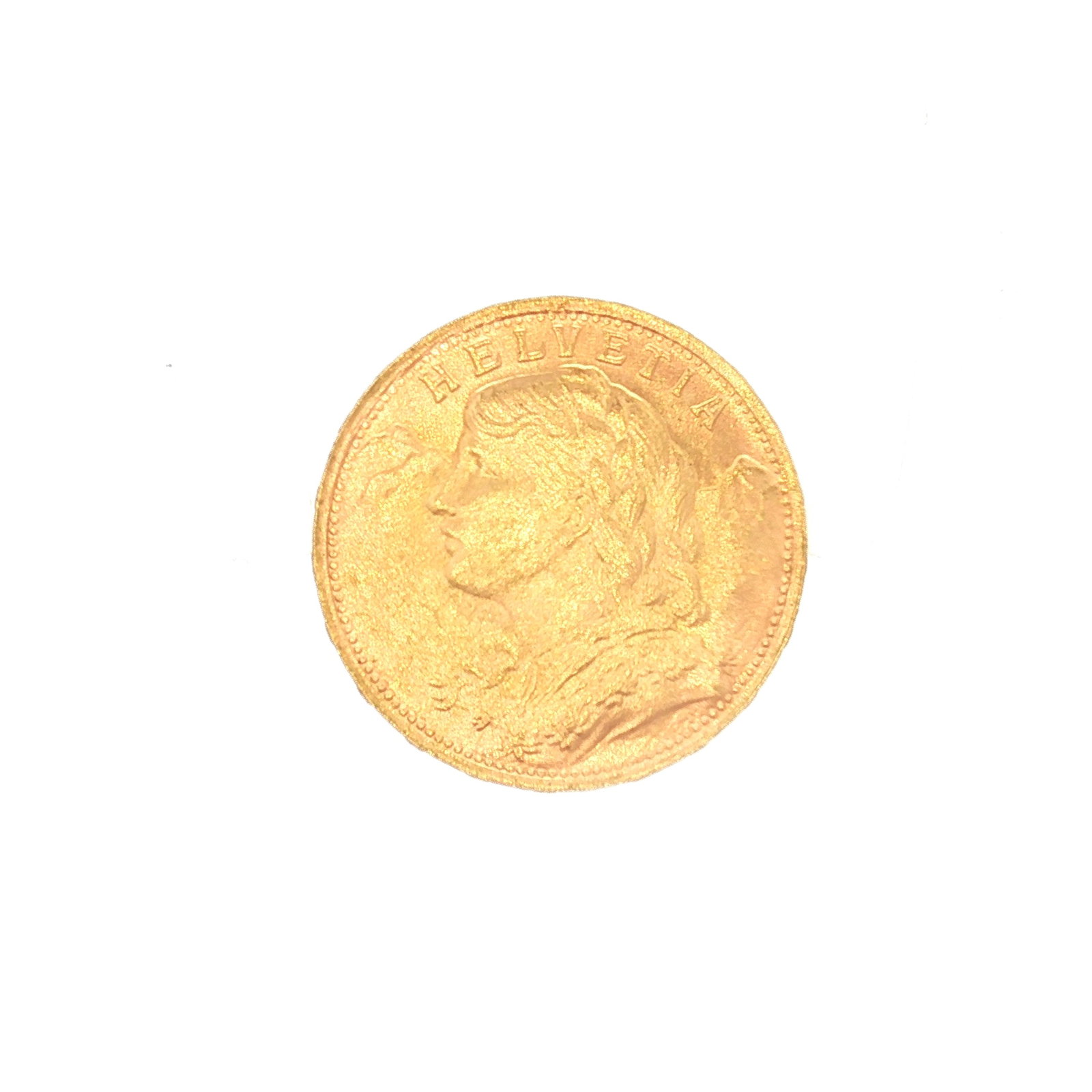 1935 Switzerland 20 Francs Vreneli Gold Coin: Minted by Bern, Switzerland. The obverse depicts bust of young woman left-facing with tresses and a garland of edelweiss. The reverse displays Coat of Arms and Oak (Quercus robur) branch with acorns a