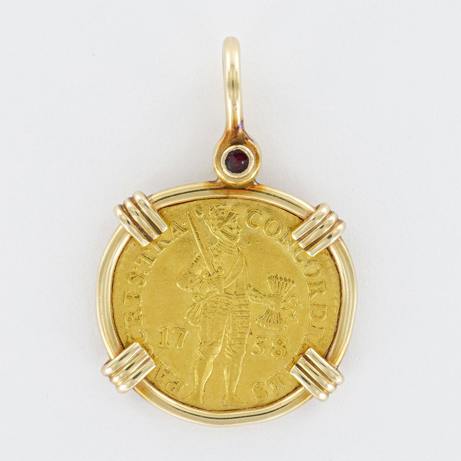 1758 Dutch Gold Ducat Pendant in 14K Bezel with Ruby Gemstone Accent: Exquisite 1758 Dutch .9860 Gold Ducat coin from the Province of Utrecht, beautifully mounted in a custom 14K yellow gold pendant. The coin features the traditional standing knight holding a sheaf of a