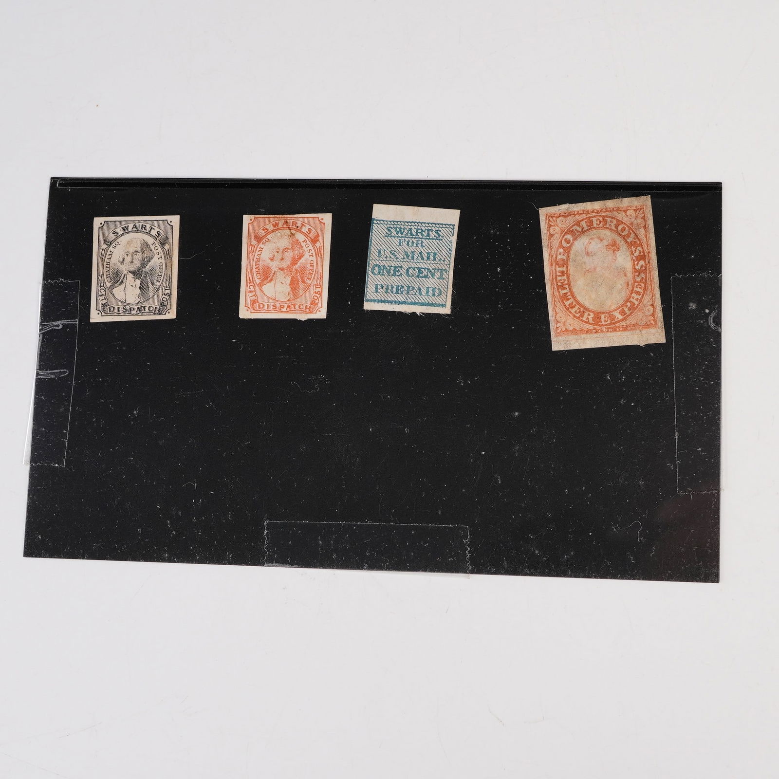 Swarts U.S. Mail & Post Plus Pomeroy Letter Express, Group of Four c. 1840: Group of four early private mail carrier stamps including Swarts' U.S. Mail and Pomeroy's Letter Express, both important services in mid 19th century New York. The Swarts stamps include two Dispatch i